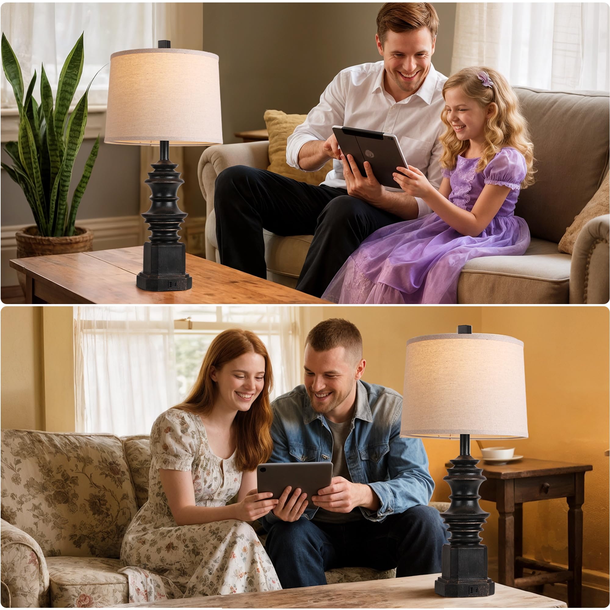 Qimh Table Lamps For Nightstand Set Of 2, Bedside Lamp With Usb A+C Charging Ports, Farmhouse Table Lamps With White Fabric Lamp