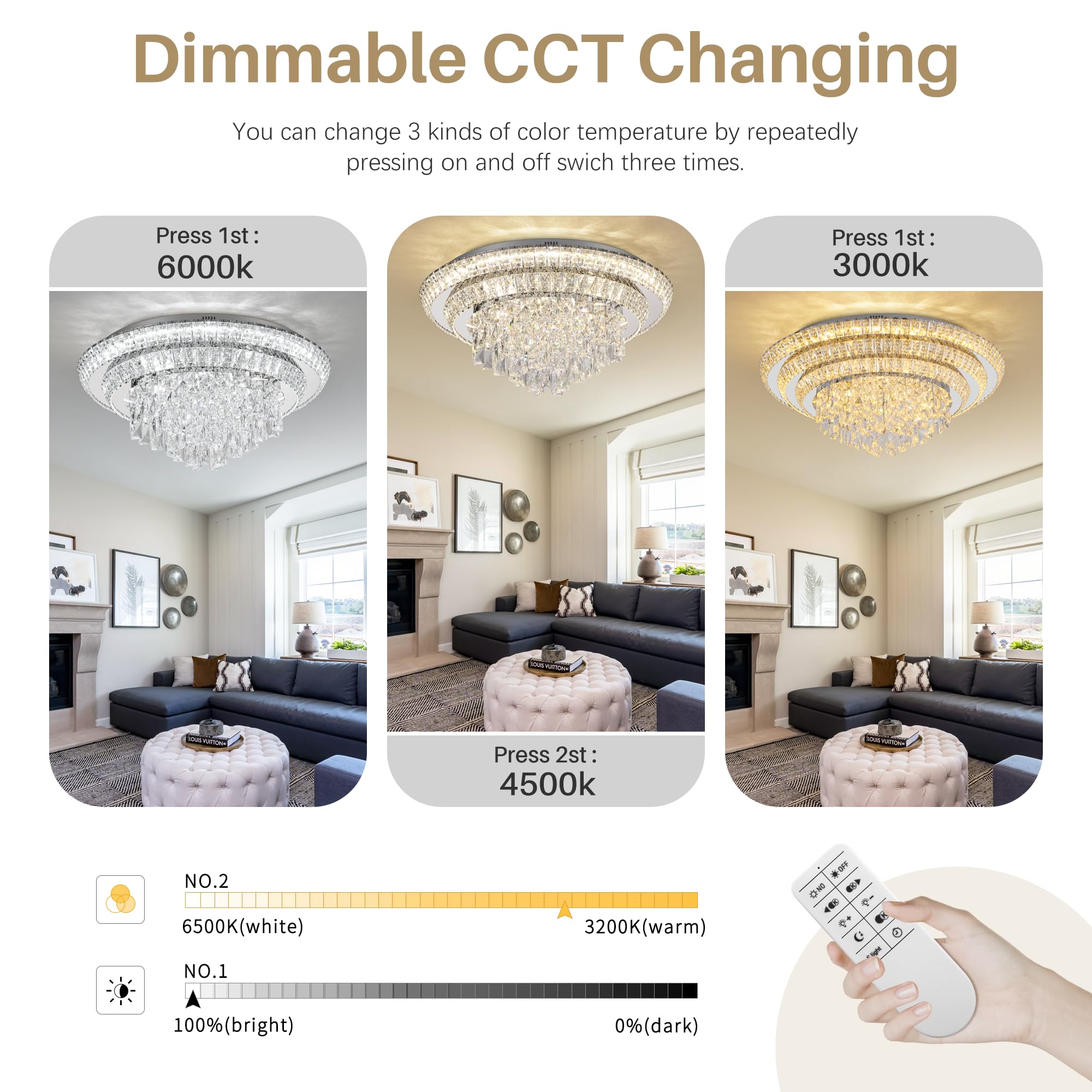 COCOSTAR 24" Silver LED Crystal Raindrop Flush Mount Chandelier Light Fixture, 3CCT Dimmable with Remote Control, Model A401-24inch