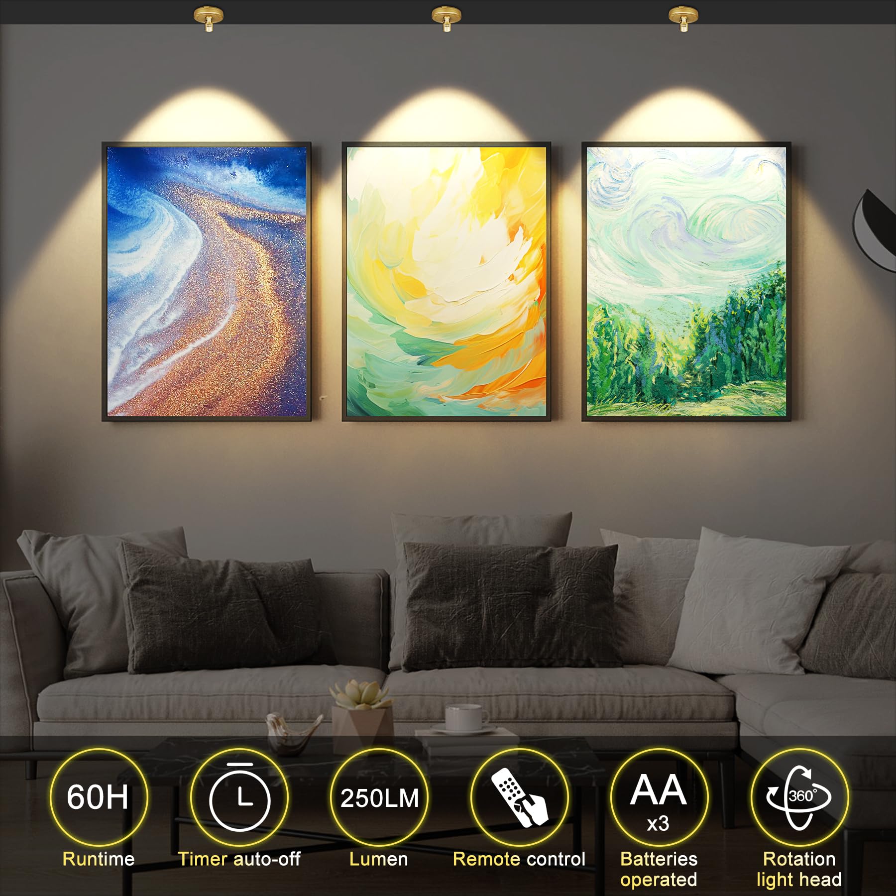 Arixinks 2-Pack Gold Battery Spotlight with Remote - Wireless LED Picture Lights for Wall Art, Indoor Plants, and Ceiling Accent Lighting