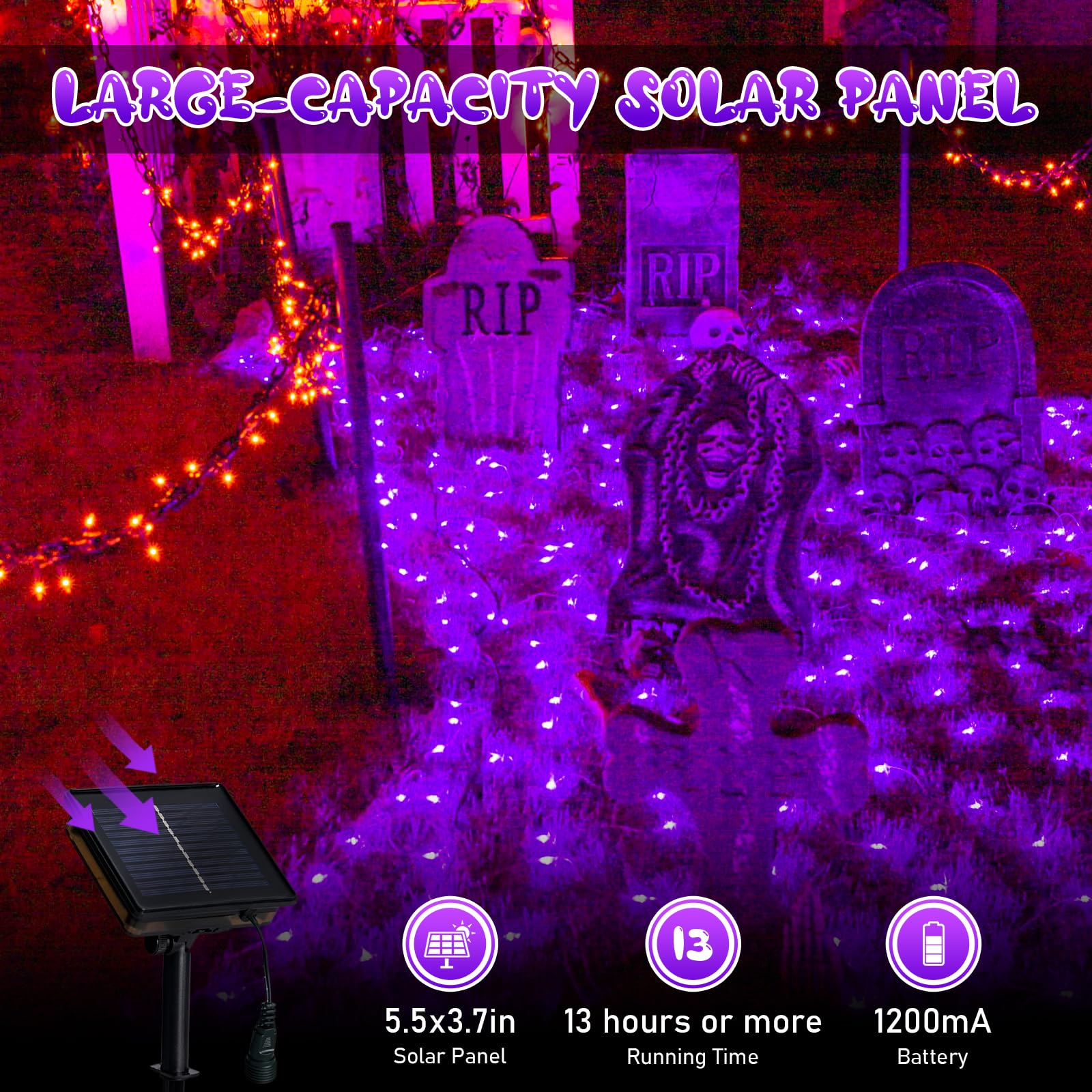 JMEXSUSS Purple Solar Net Lights, 320 LED, 9.8ft x 6.6ft, Waterproof, 8 Modes Remote for Halloween Decorations