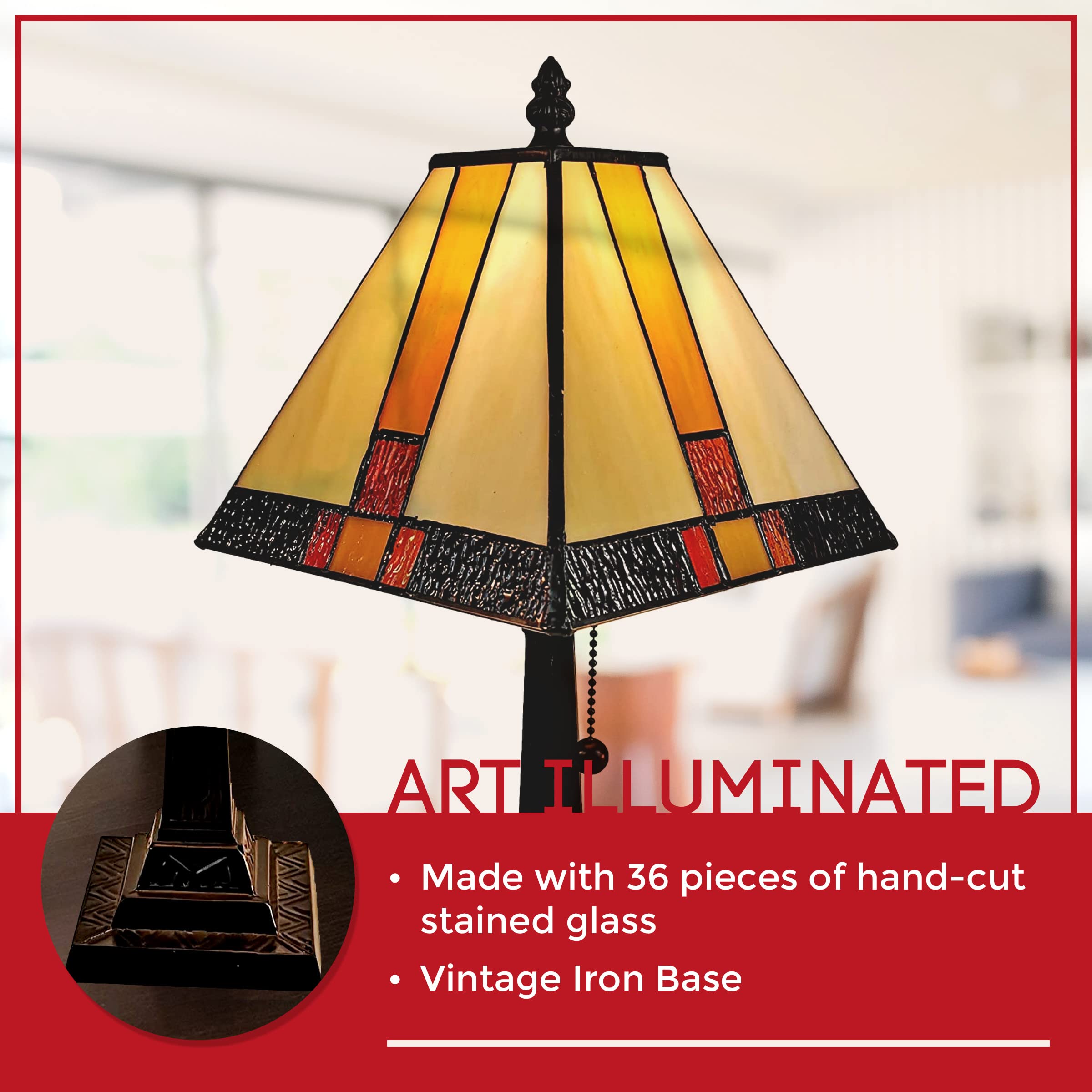 Amora Tiffany Table Lamp - 15” Stained Glass Nightstand Light - Yellow & Tan, Medium Size, Model AM208TL08B