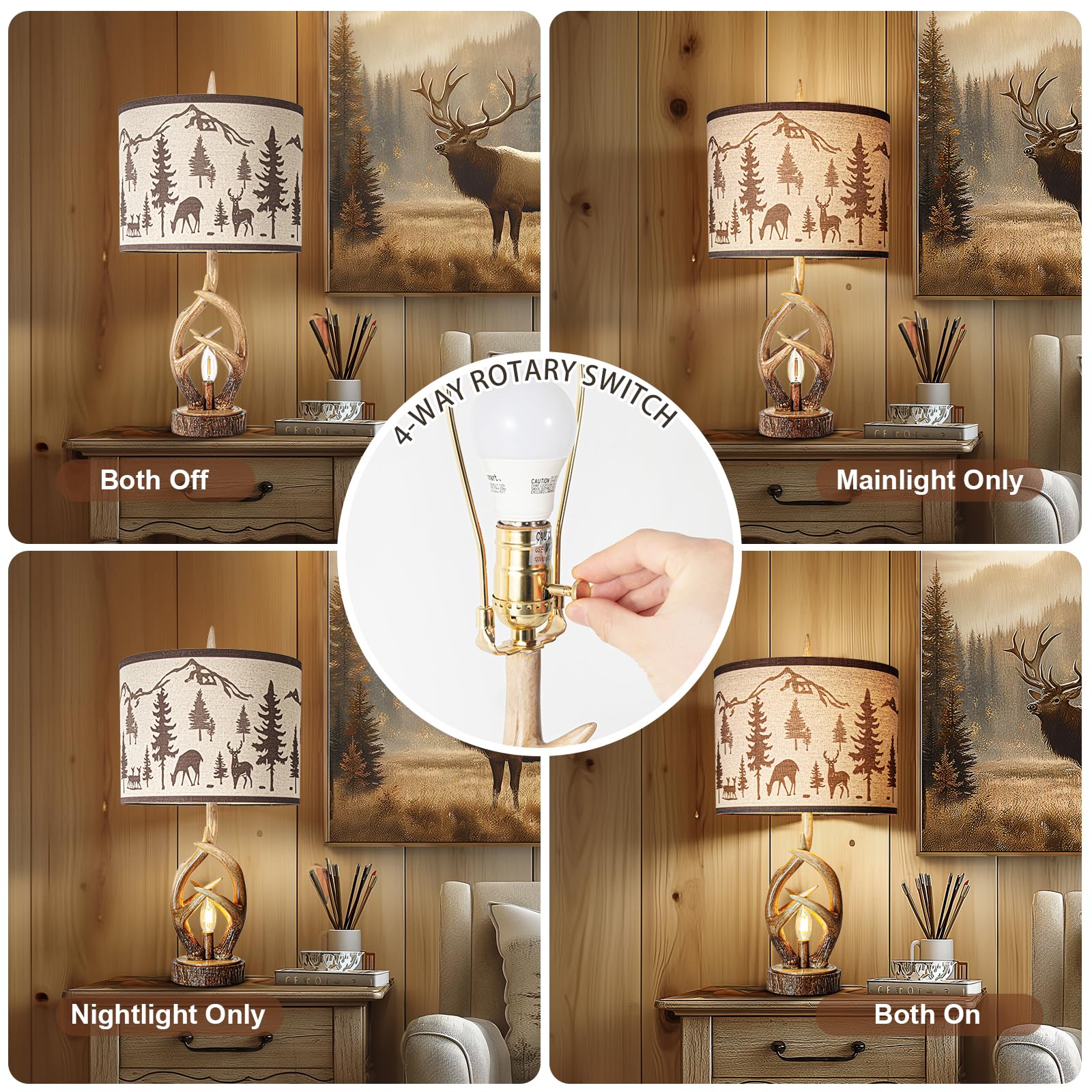 Scenekoy Antlers Style Table Lamp Set Of 2 Rustic Bedside Lamp With Night Light Linen Fabric Shade Farmhouse Nightstand Lamps Decor For Living Room Bedroom House Home Office (Bulb Included)