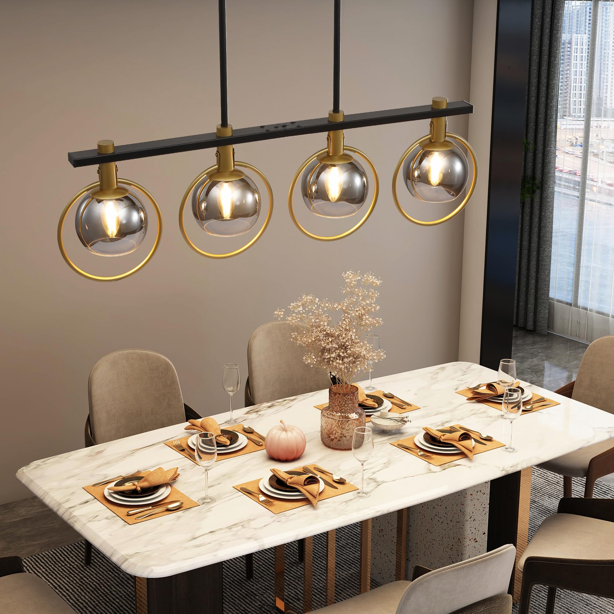 Kveosv 4-Light Gold Black Chandelier Modern Farmhouse Linear Light Fixture Smoke Gray Glass Shade