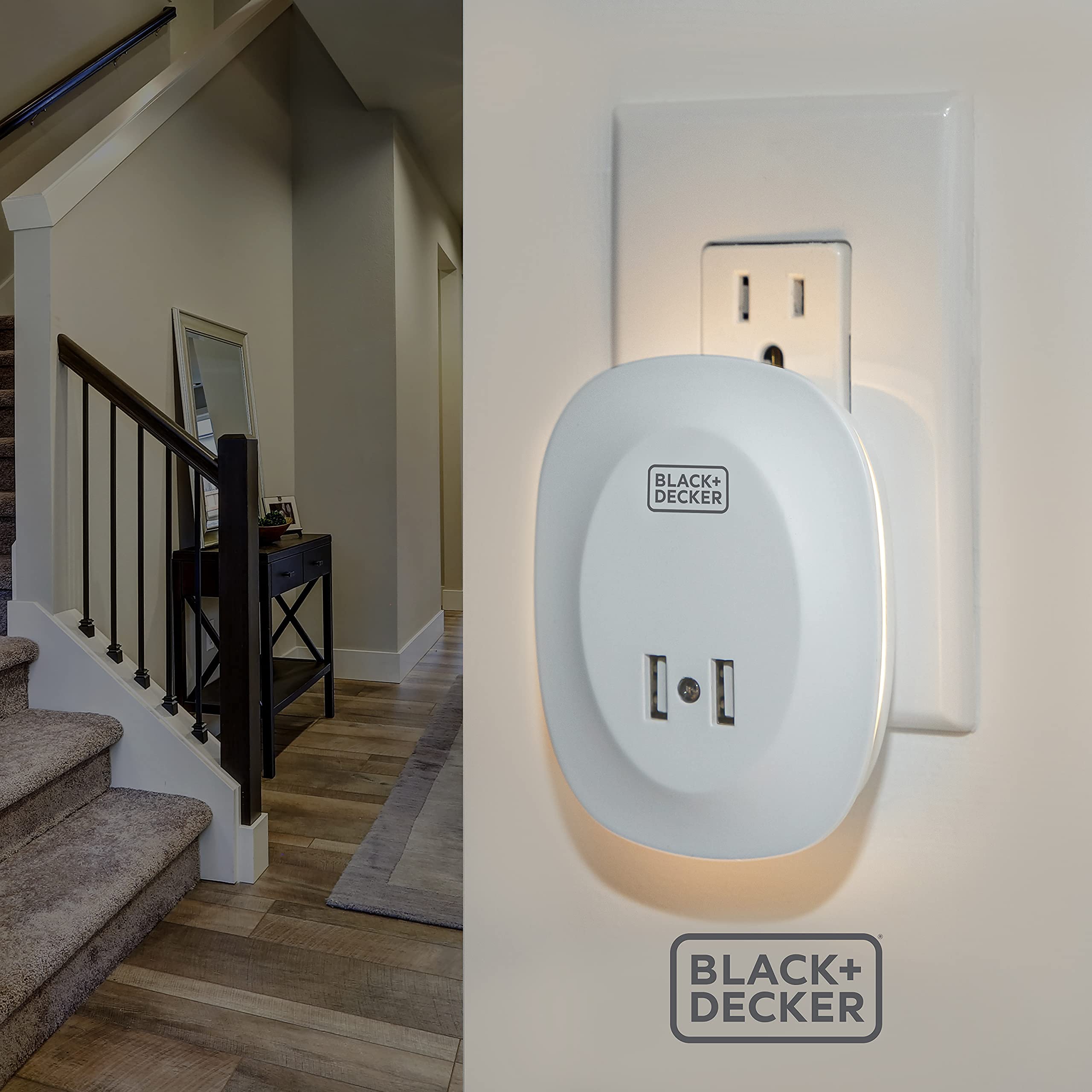 BLACK+DECKER Night Light with 2 USB Ports, Photocell Sensor, 10 Lumen, 2 Pack, Plastic
