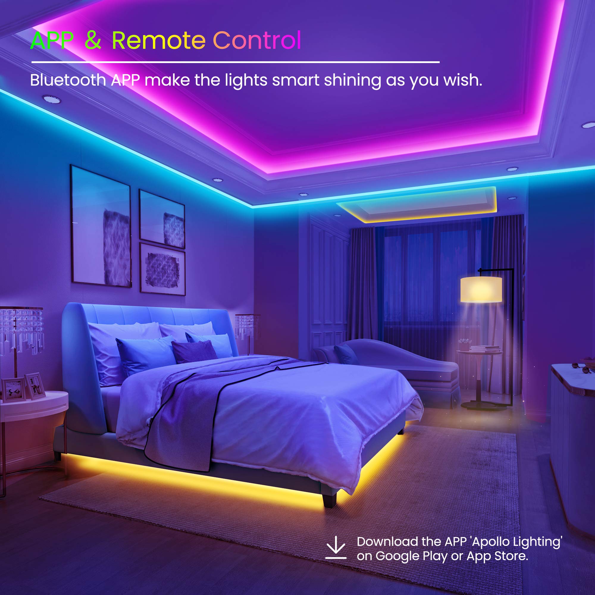 Gupup 50 Ft Led Strip Lights,Bluetooth Led Lights For Bedroom, Color Changing Light Strip With Music Sync, Phone Controller And