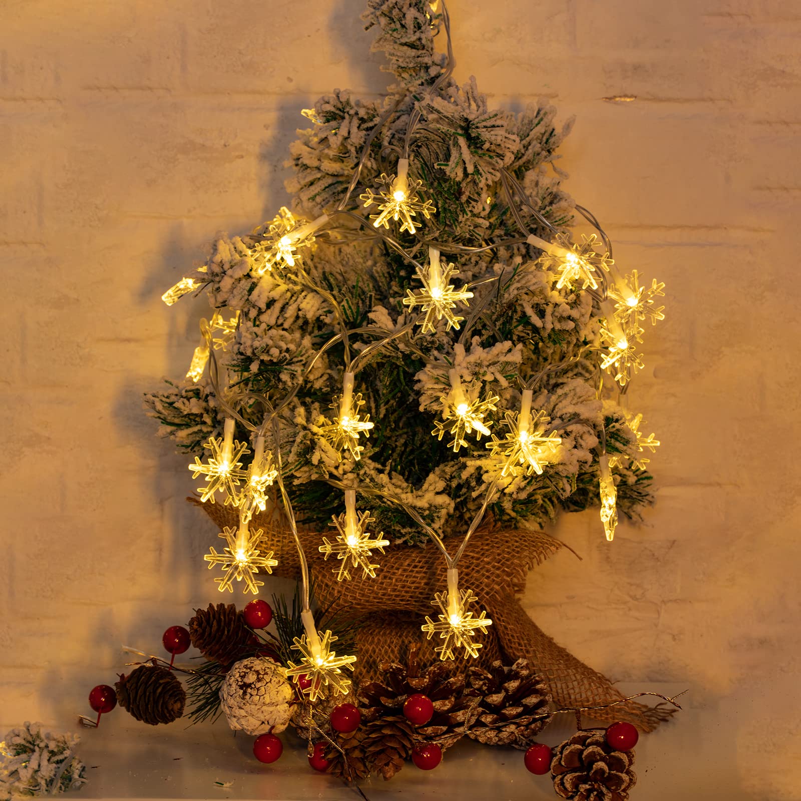 Brightown Solar Christmas Snowflake String Lights 100 LED 39 FT Waterproof Warm White Fairy Lights for Outdoor Use