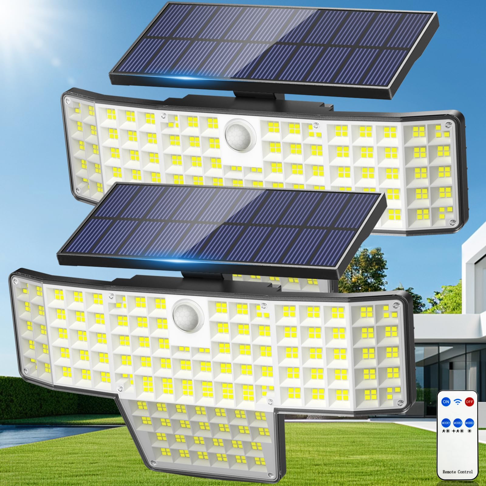 Adewalk Solar Lights Outdoor  2PACK 448 LED Wall-Mounted Flood Light  3500LM IP65 Waterproof Solar Street Lights with Motion Sensor and Remote Control for Dusk-to-Dawn Illumination