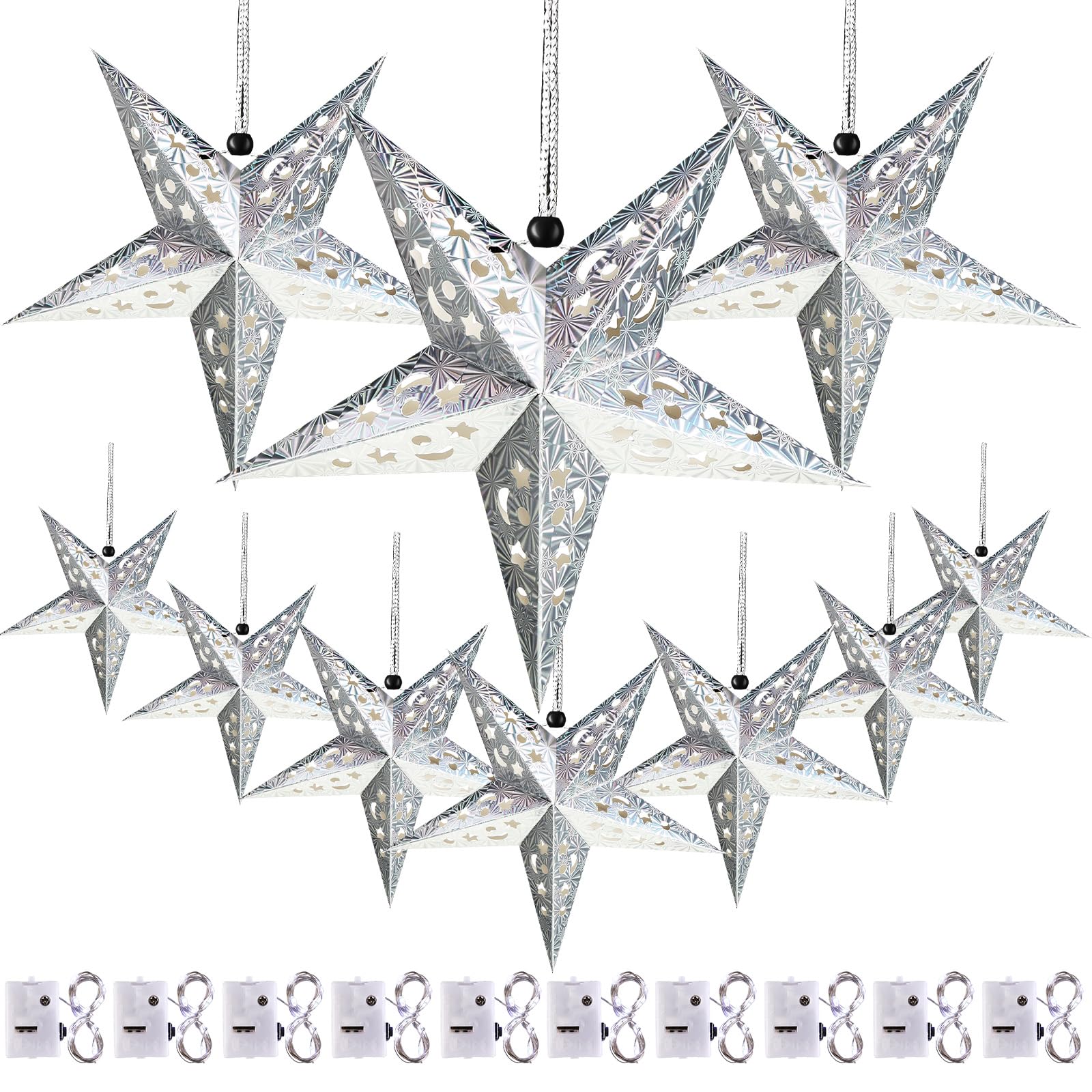 Zhanmai 10 Pcs Christmas Paper Star Lantern Lampshade 3D Hanging Lights with 20 LED, Silver