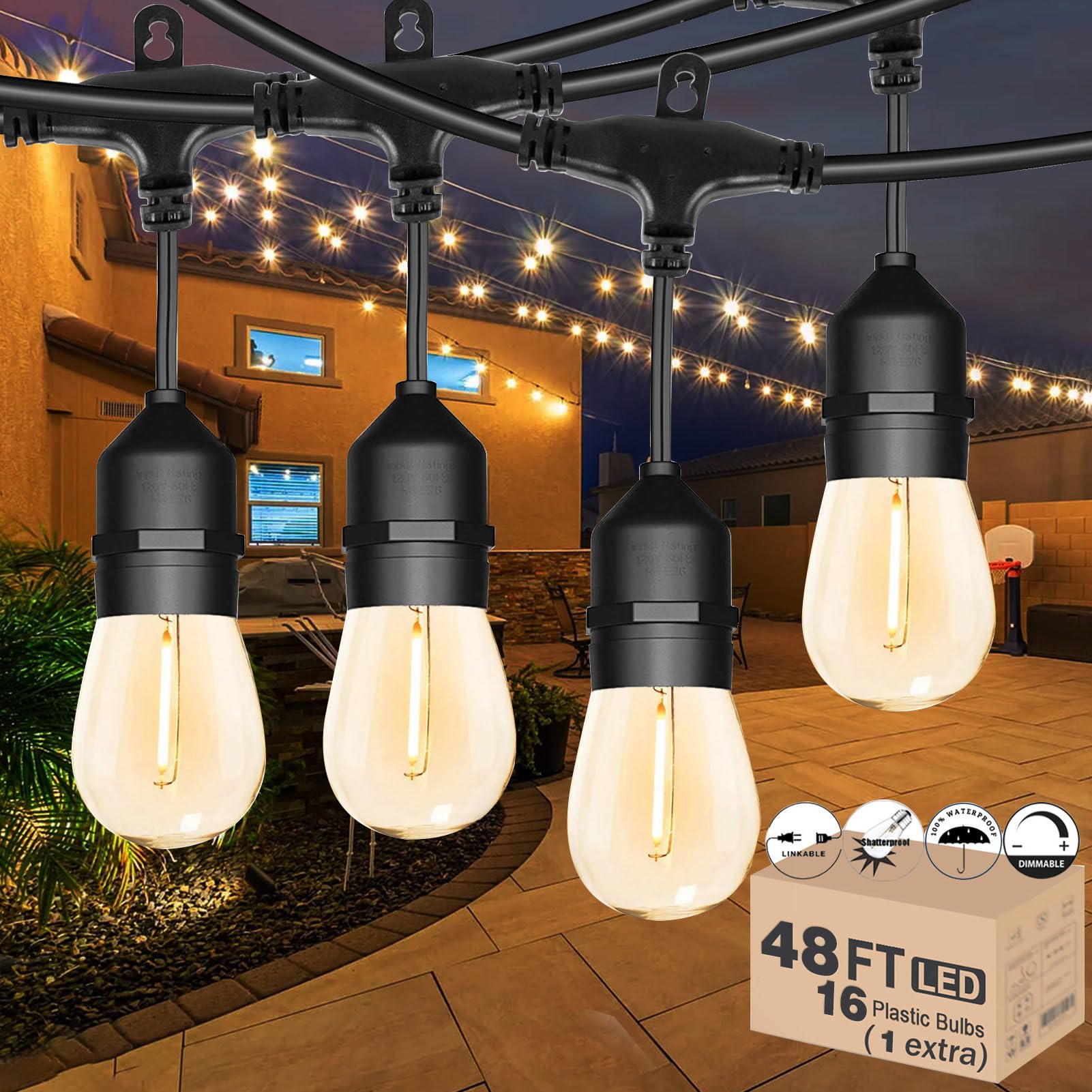 Meidaoduo Outdoor String Lights For Outside 48Ft With 15+1 2700K Led S14 Shatterproof Bulbs For Patio Back Yard Porch, Linkable