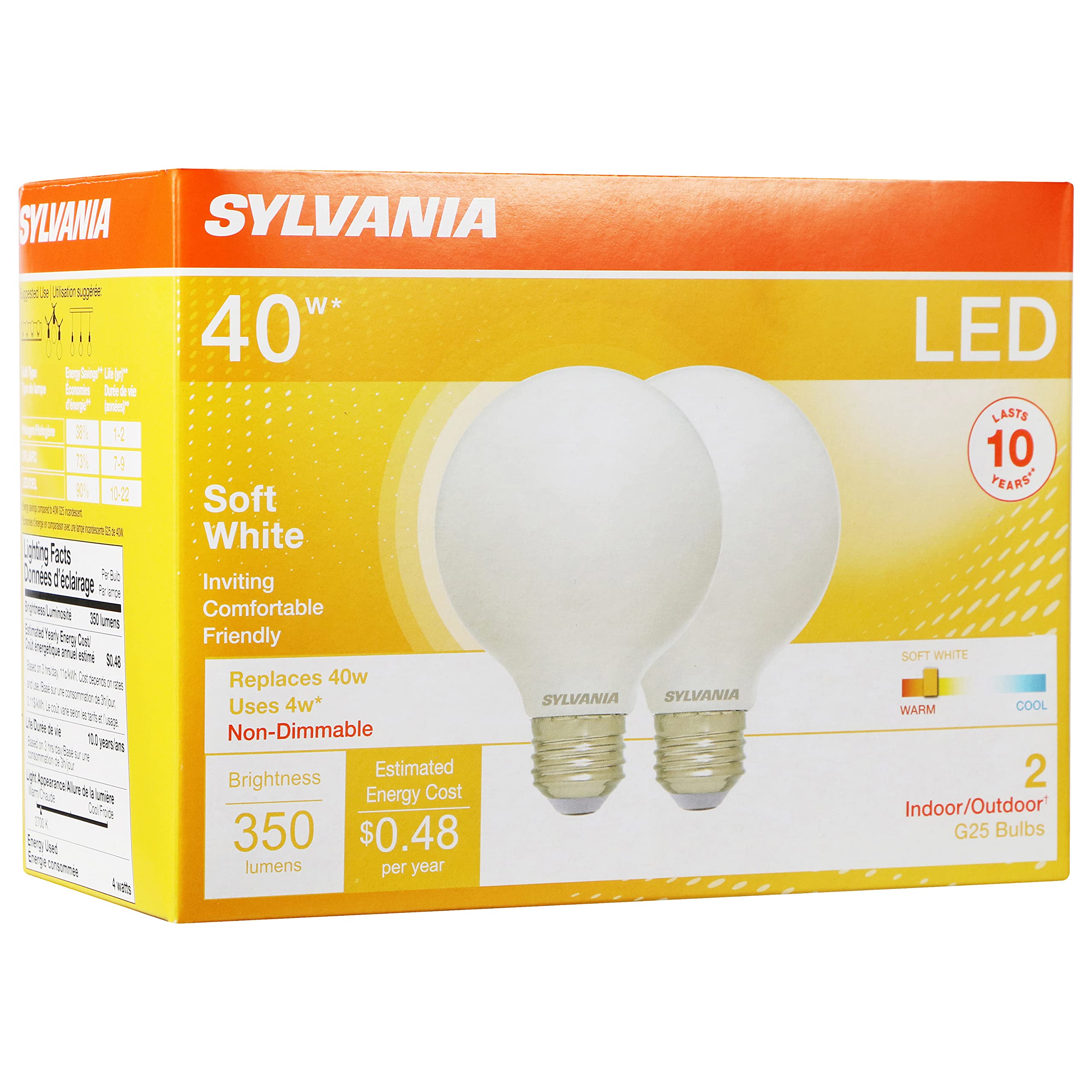 Sylvania G25 Led Light Bulb, 40W Equivalent Efficient 4W, 10 Year, Non-Dimmable, 350 Lumens, 2700K, Soft White - 2 Pack (40214)