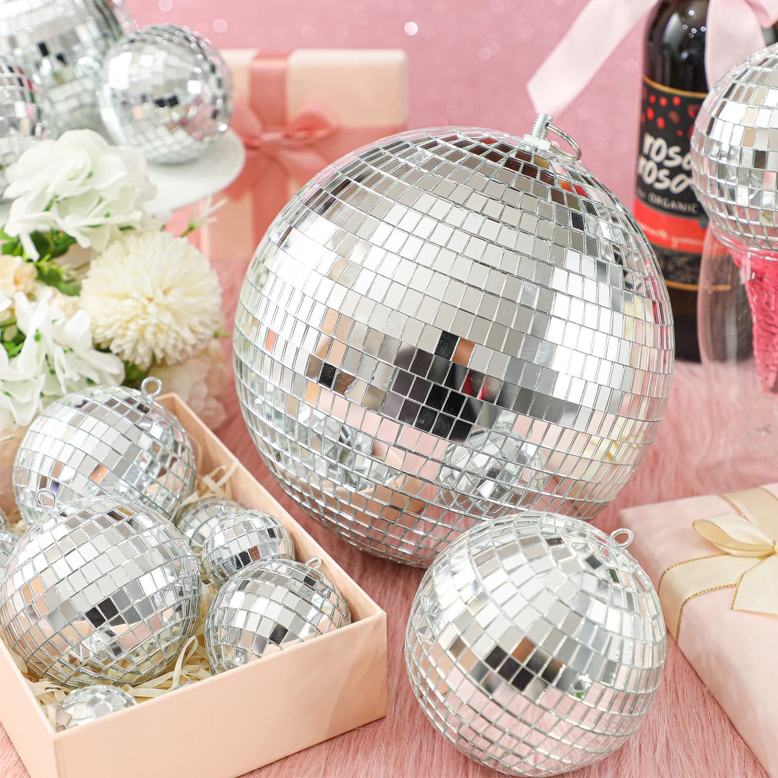 Haull 8 Pcs Large Disco Ball Set, Silver Mirror, Foam & Glass, 12in /8in /6in /4in  - Party Decoration for Stage, Club, Wedding