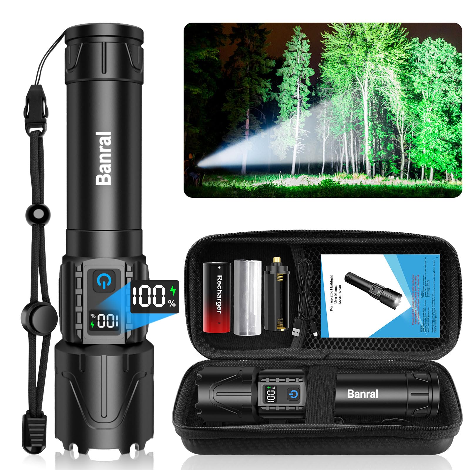 Banral Tactical Flashlight - 5000mAh LED, 5 Modes, Zoomable, Waterproof, Black, Model K-2401-B