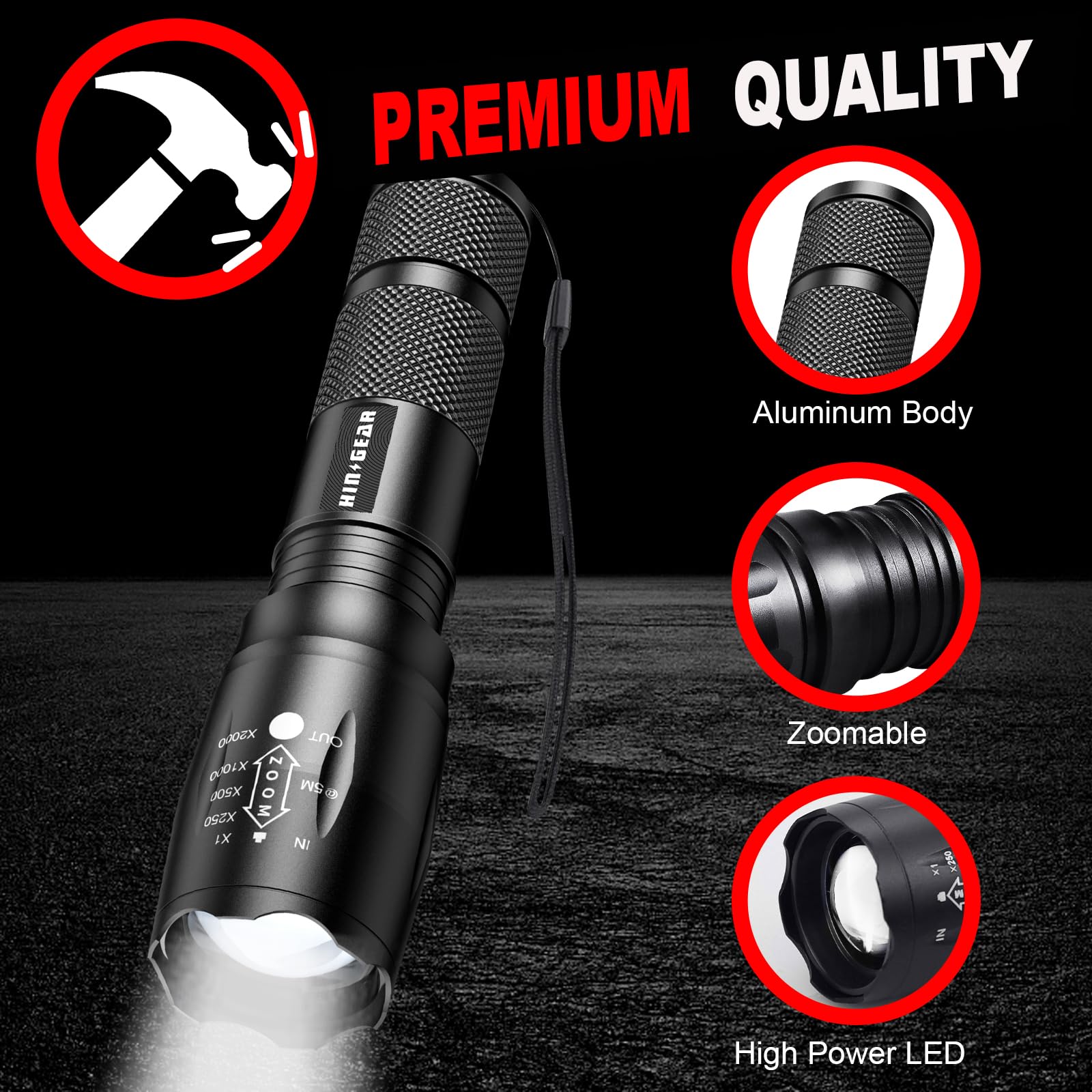 HinsGEAR LED Tactical Flashlight 2 Pack, High Lumens, Zoomable, Water Resistant, Aluminum, Turquoise, Model SL-2000