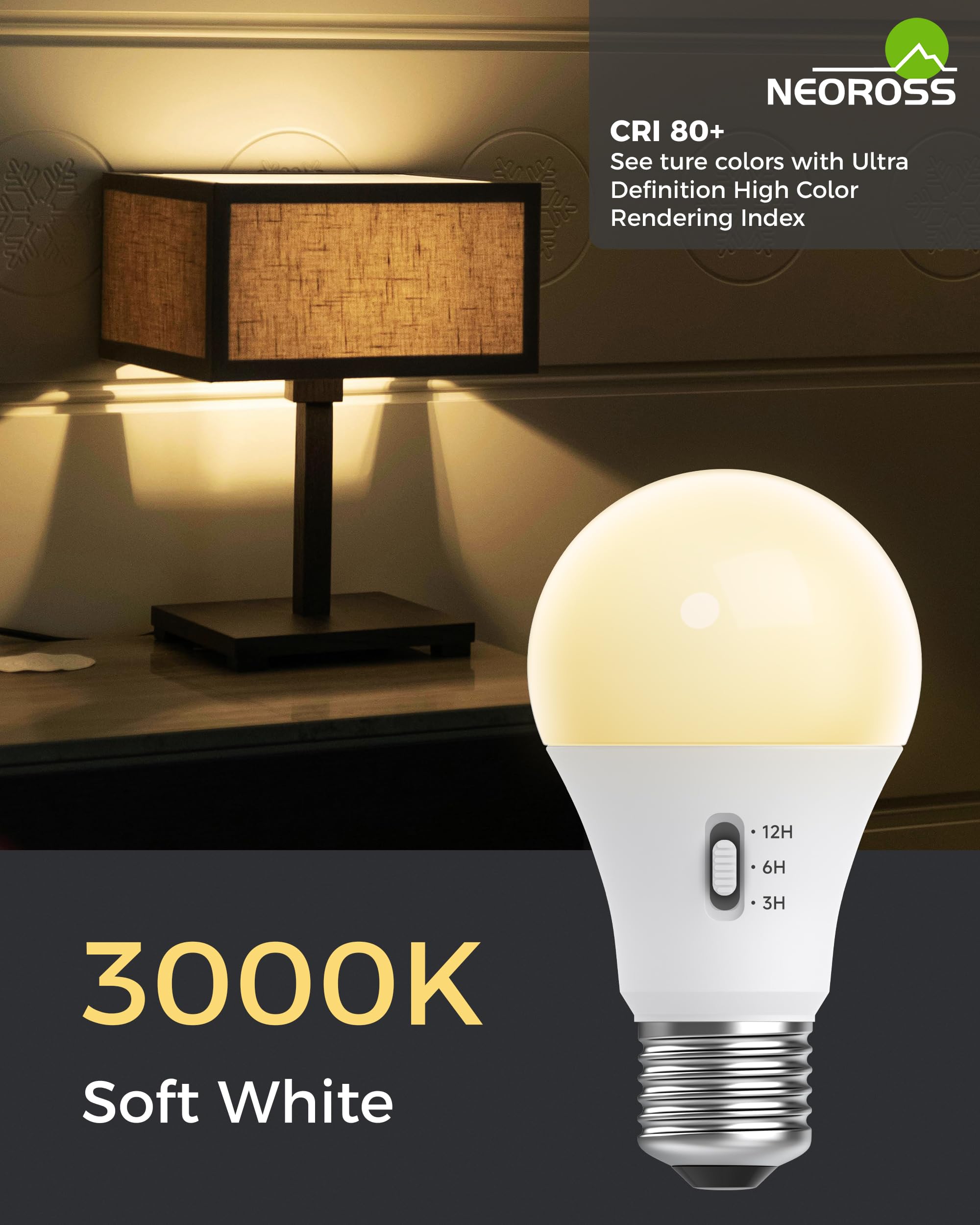 NEOROSS A19 LED Timer Light Bulb, 100W Equivalent, 3000K Soft White, 1200LM, Non-Dimmable, E26 Base, 4 Pack