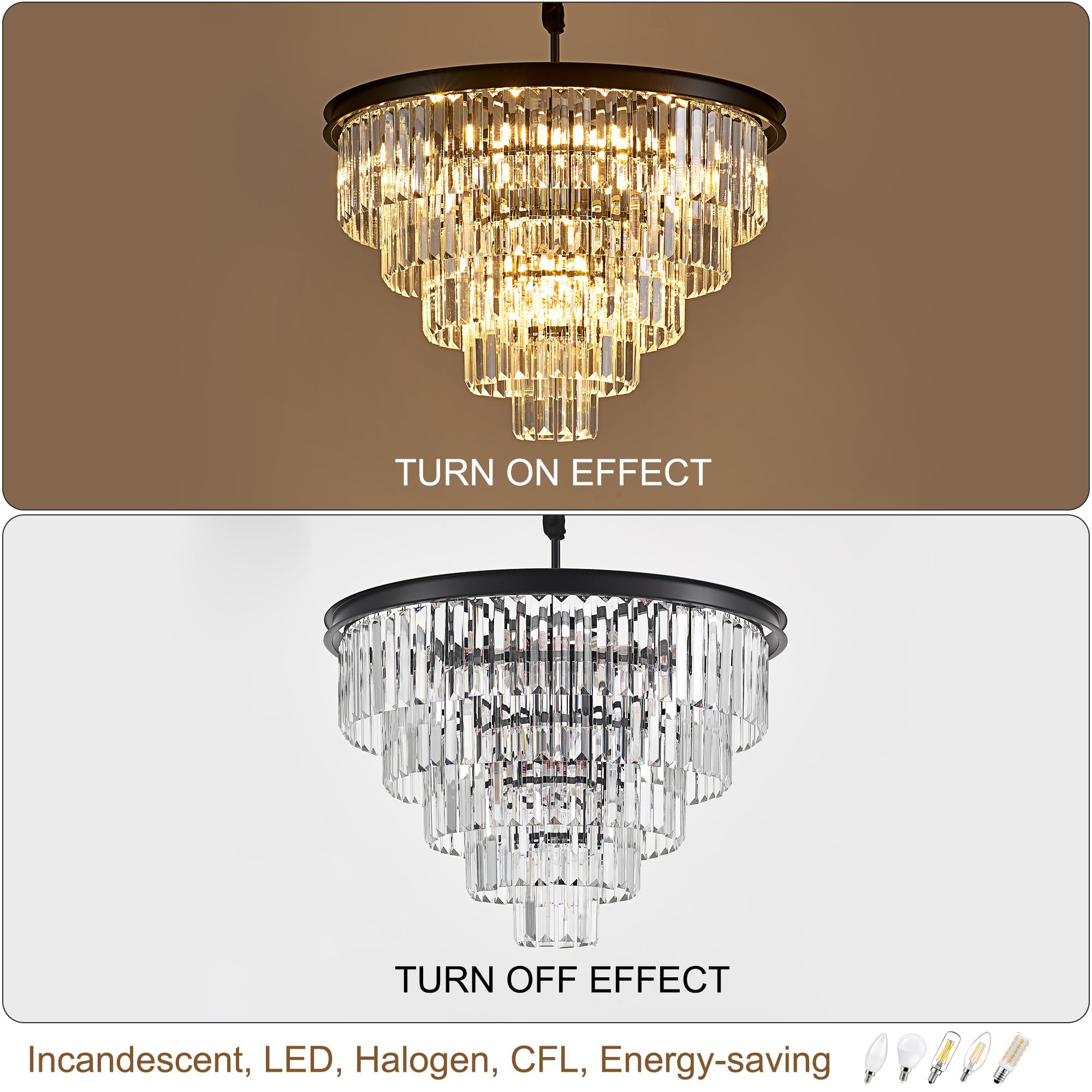 Faibra 12-Light Black Crystal Chandelier, 23.23" Modern Pendant Ceiling Light Fixture, 5-Tier Luxury K9 for Dining Room, Living Room, Bedroom