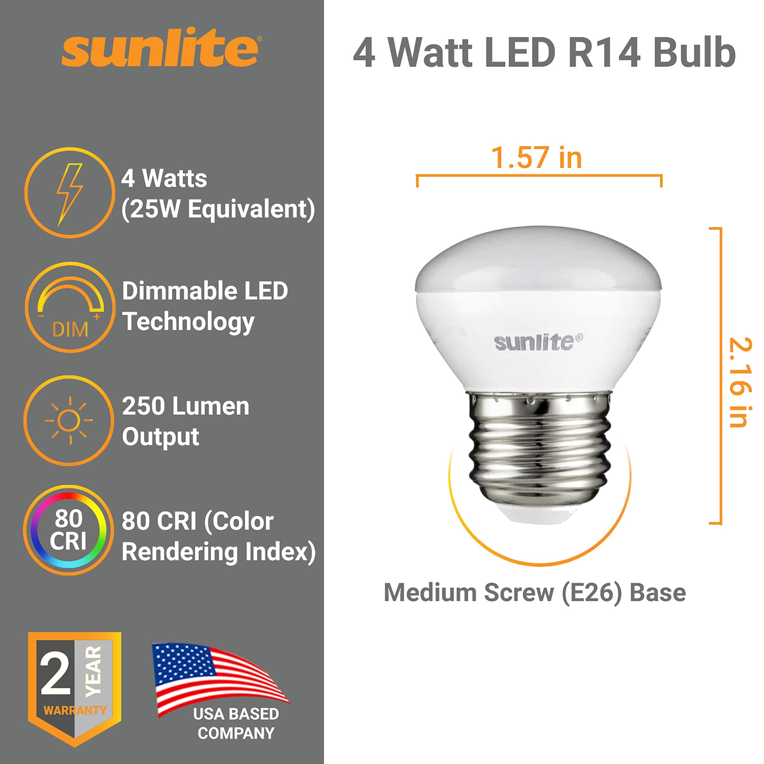 Sunlite LED R14 Mini Reflector Floodlight Bulb, 4W (25W Equivalent), 250 Lumens, Dimmable, 2700K Warm White, 6 Count