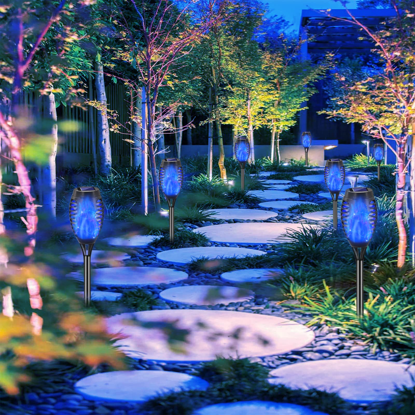 COCOMOX Solar Torch Lights 8 Pack, 12 LED Waterproof Mini Tiki Torches, Blue, Outdoor Halloween Decorations, Dusk to Dawn Auto On/Off