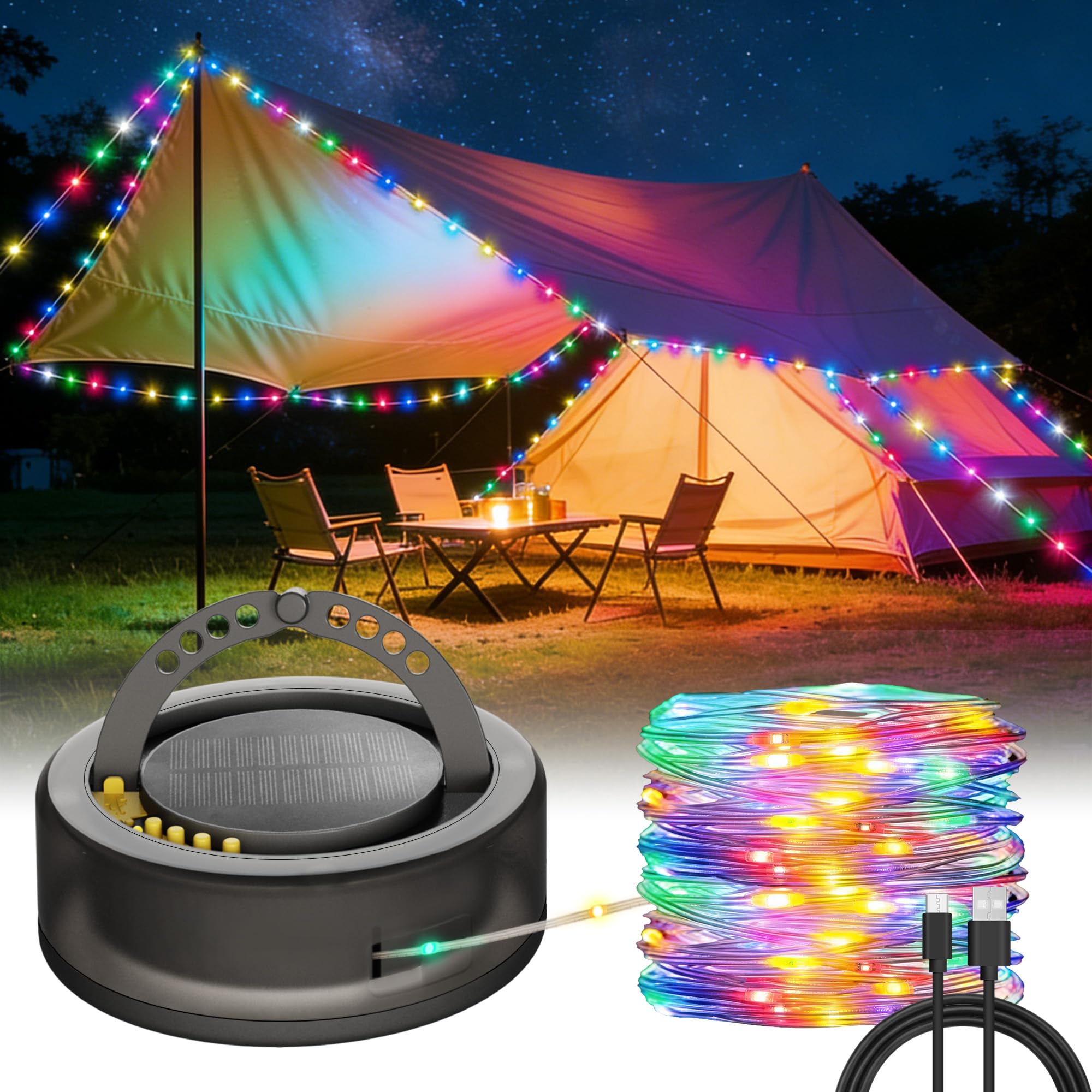 HOMECHOOSE 5200 mAh Solar Portable RGB Fairy Camping String Lights, 33FT 4-in-1 Waterproof Hanging String Lights, USB-C Recharge