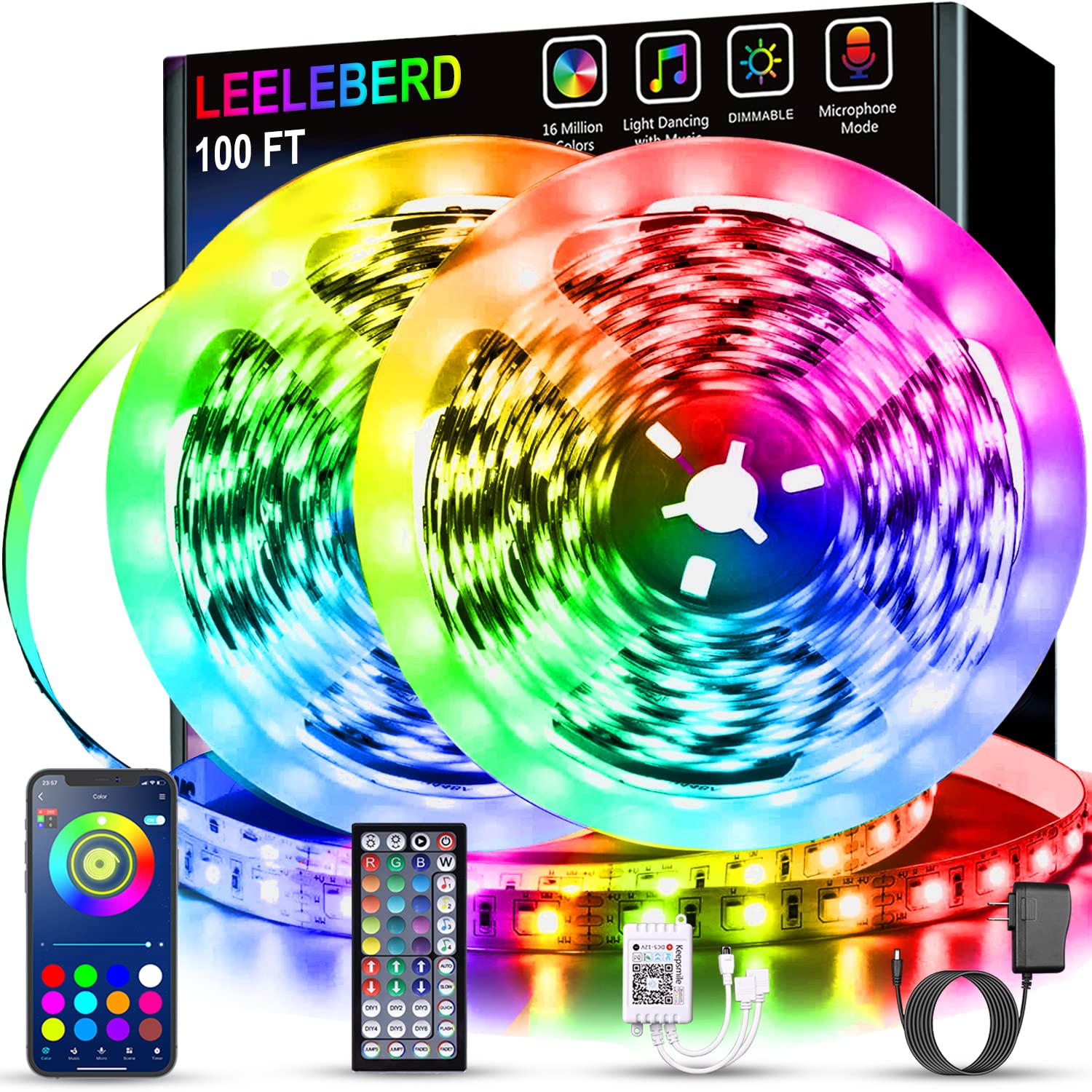 Leeleberd RGB LED Strip Lights 100 ft (2 Rolls of 50ft) Color Changing with Remote & Bluetooth App Control, Multicolor, Model T-100