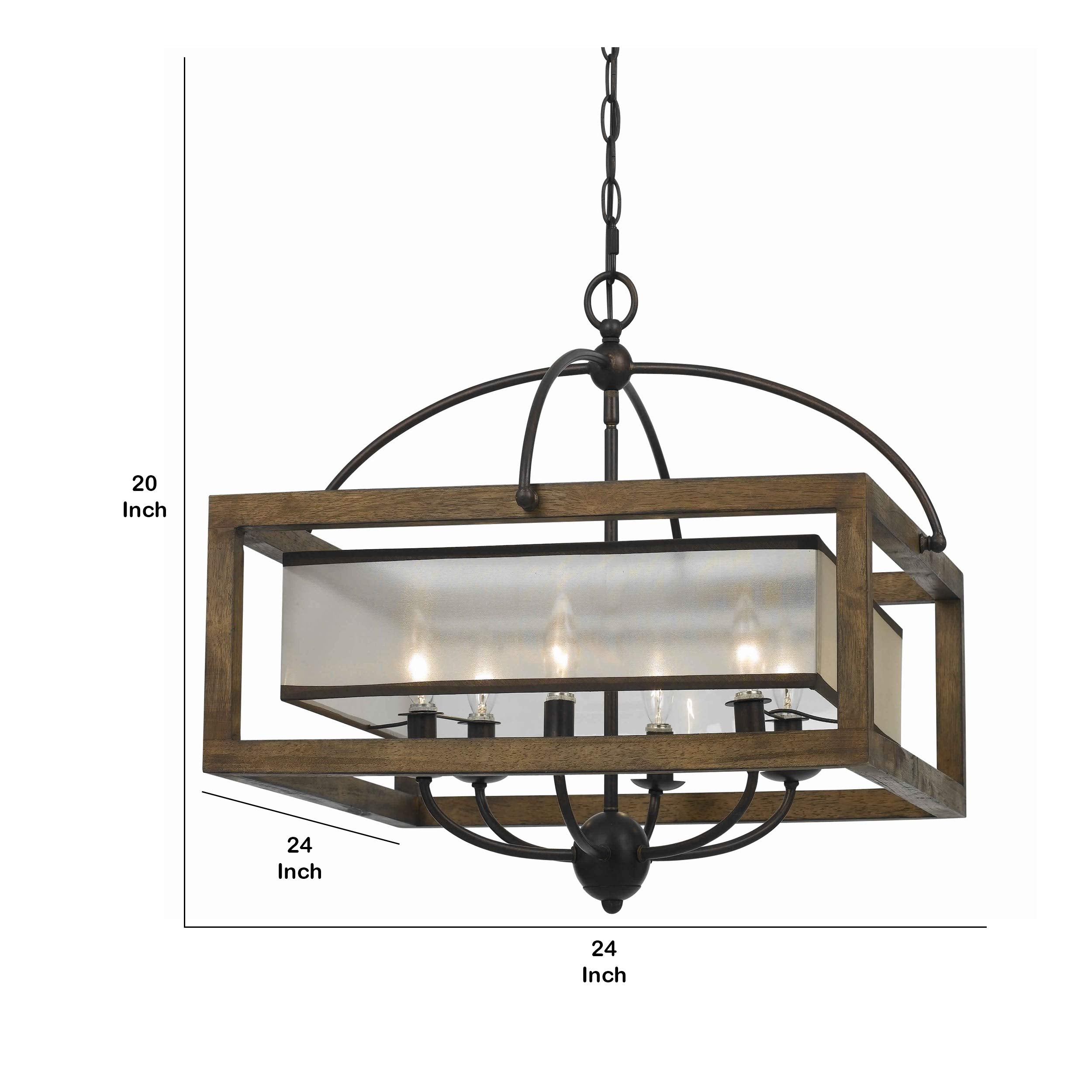 Benjara 6 Bulb Square Chandelier With Wooden Frame And Organza Striped Shade, Brown
