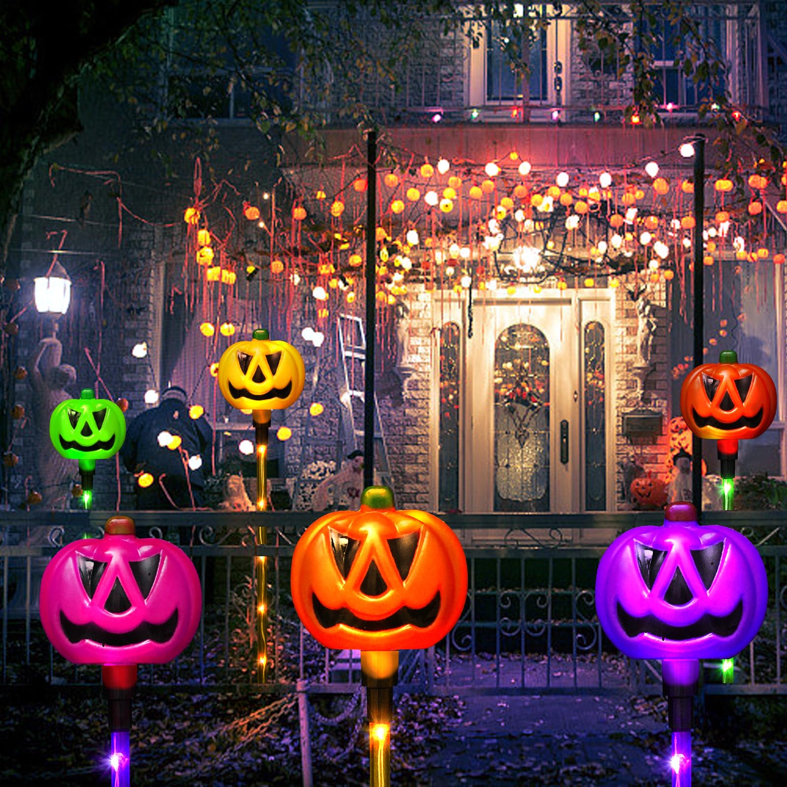 Fathisooc Set Of 6 Solar Pumpkin Pathway Lights For Halloween Decorations Outdoor, Color Changing Outdoor Halloween Lights, Light Up Jack O Lantern Pumpkins For Halloween Party Porch Yard Decorations