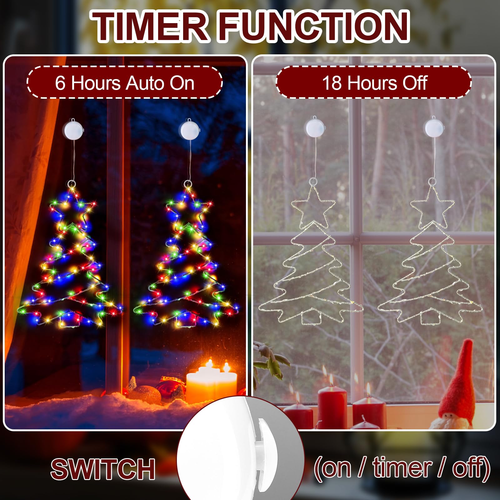 Muyun Christmas Window Lights Decorations Iron Frame Christmas Tree Lights With Suction Cup,Timer,Battery Operated Window Silhouette Lights For Home Wall Door Indoor Outdoor Decor(2Pcs)