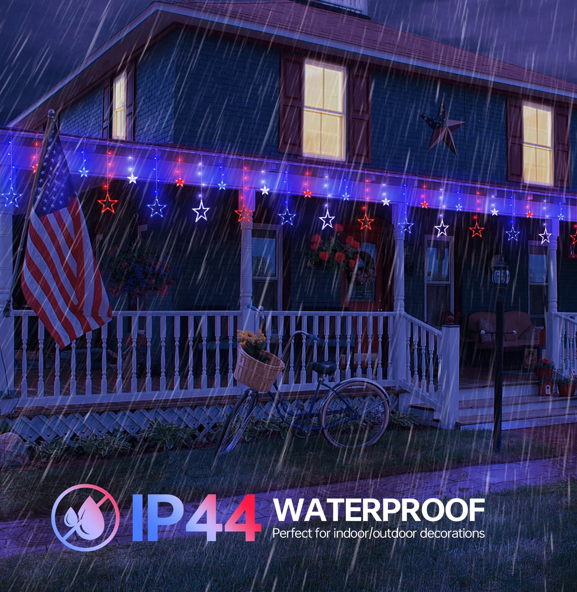 MYGOTO Patriotic Star Icicle Lights, 126LED, 8.2ft, Waterproof, 8 Modes, Red White Blue, Independence Day Decorations