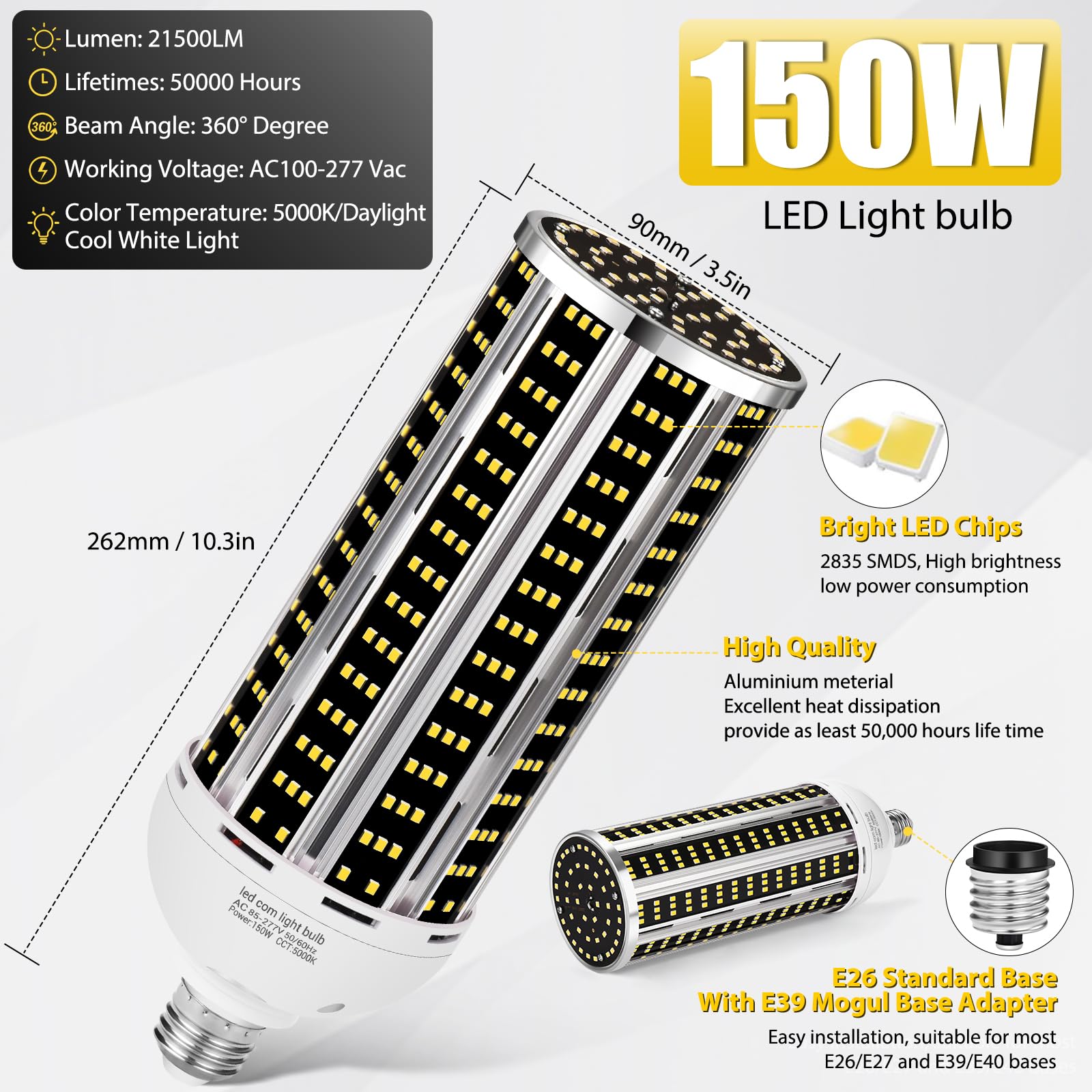 150W 2 Pack Led Corn Light Bulb(1500W Equivalent ) ,Commercial Grade Daylight 5000K E26/E39 22900Lm Medium Mogul Base Led Lamp,L