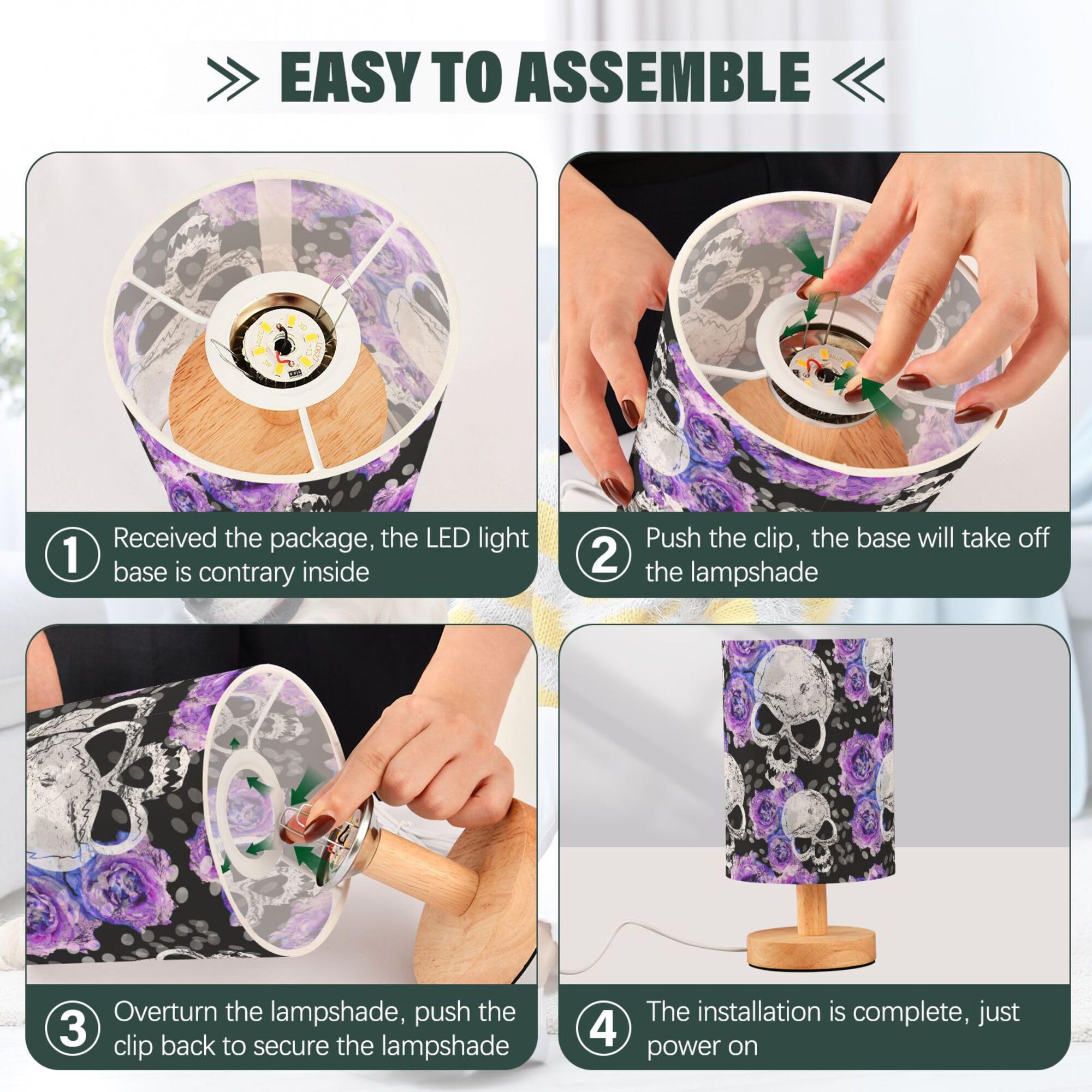 Yyzzh Table Lamp Watercolor Skull Purple Blue Rose Flower Floral Gothic Pattern Nightstand Lamp With Wood Base Fabric Lamp Shade