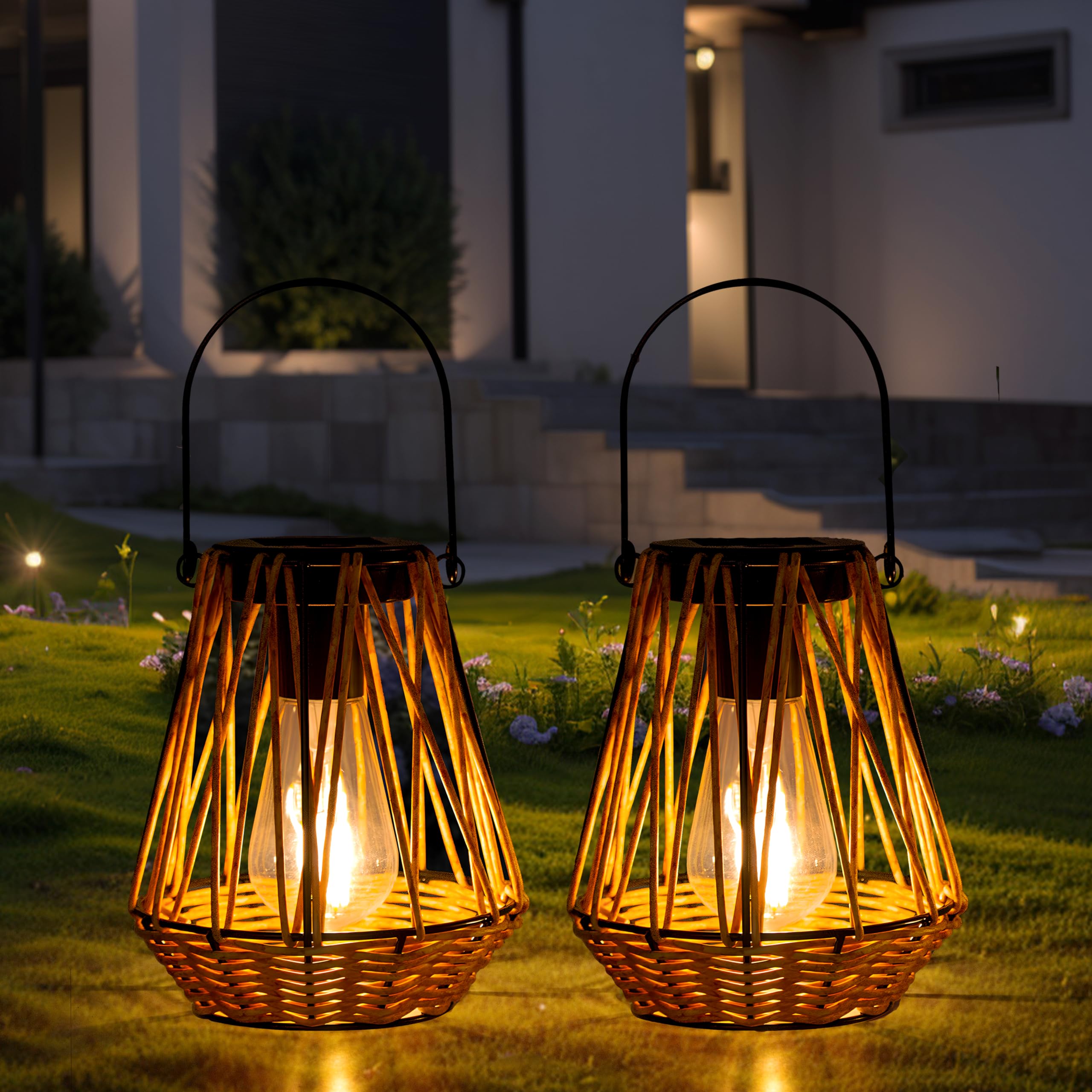 Venniy Solar Lanterns 2 Pack Hanging Solar Lantern Outdoor Lanterns for Patio Waterproof Rattan Lantern with Handle Decorative Retro Rattan Lights for Yard