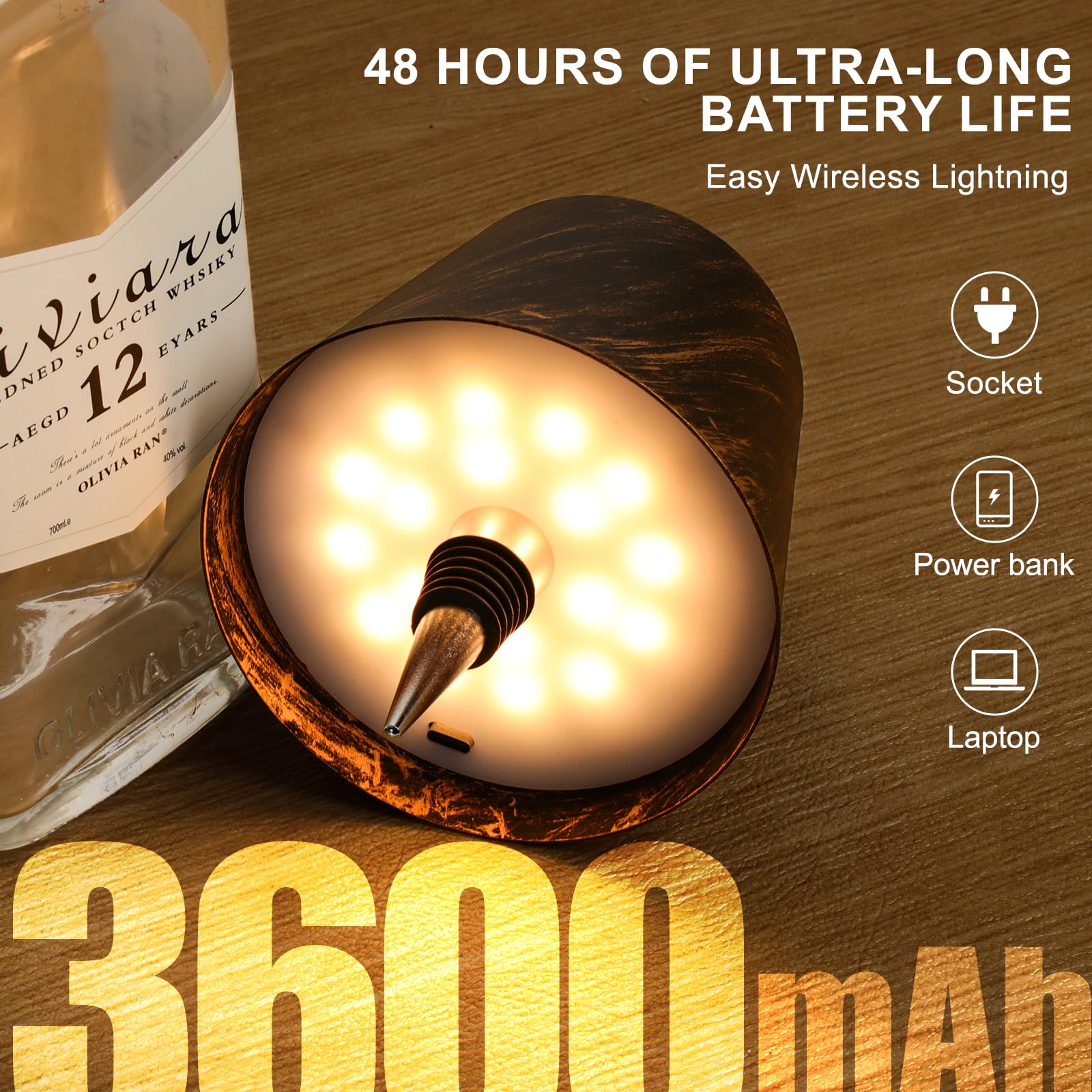 Mebaraul 3600mAh Rechargeable Wine Bottle Lamp, Touch Dimming, Bronze, Model JP001