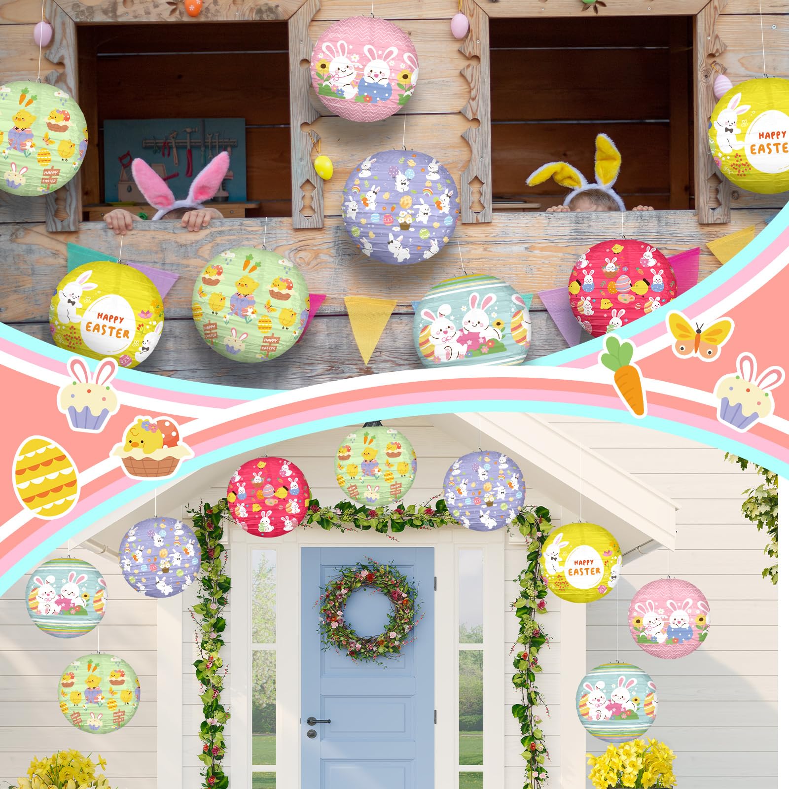 Panelee 12 Pcs Easter Paper Hanging Lanterns Party Decorations 8 Inch Pastel Cute Bunny Round Lanterns For Easter Party Office C