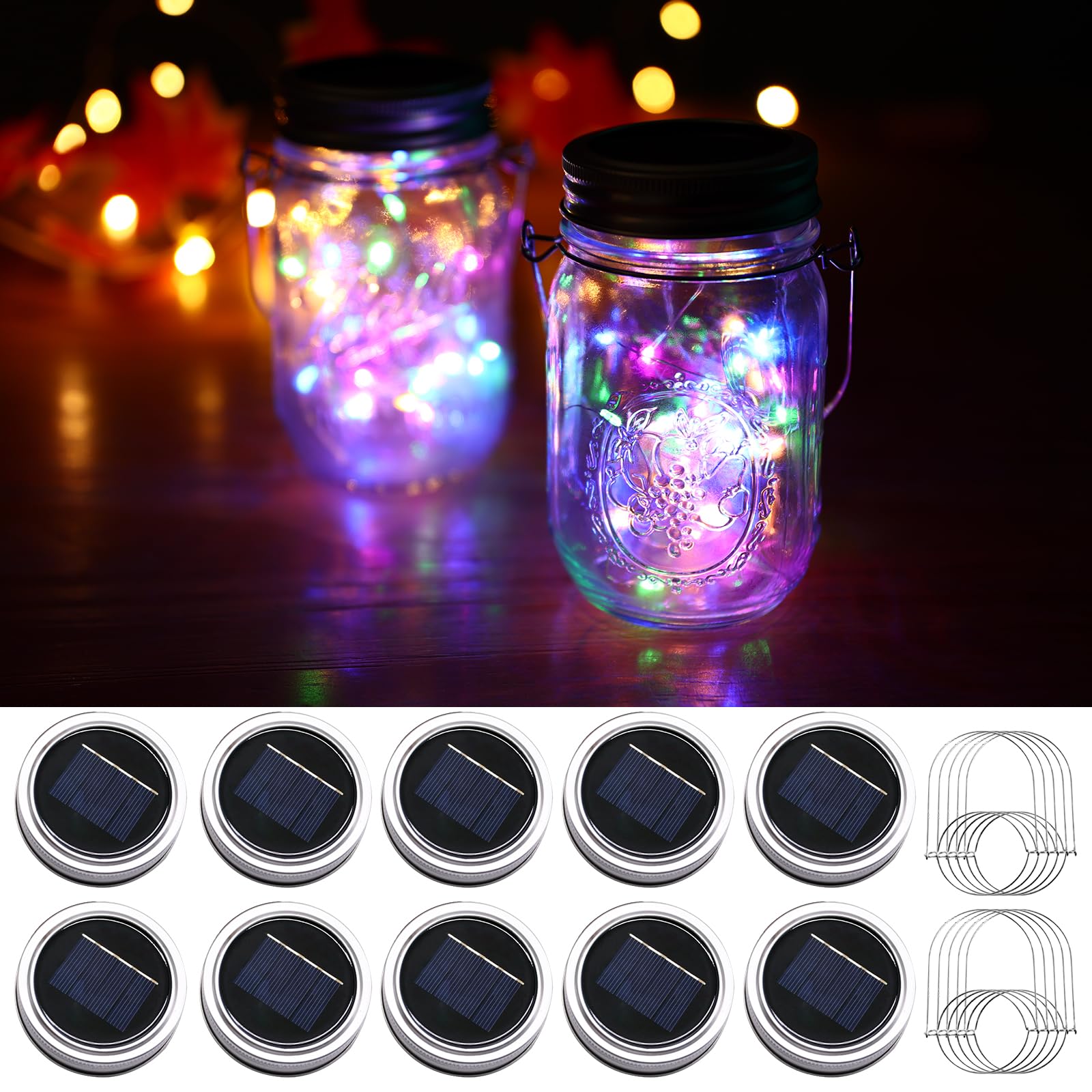 ANGMLN Solar Mason Jar Lid Lights, 10 Pack, 30 LED Waterproof Fairy Lights, Colorful, Model MSG-454