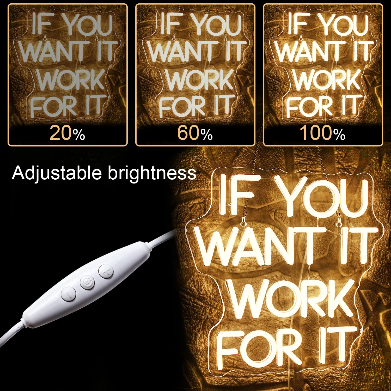 WLHOPE Neon Sign with Adjustable Brightness, Acrylic Material, Work For It Design, 12.6 x 12.2 Inches, USB Connectivity for Home Decor