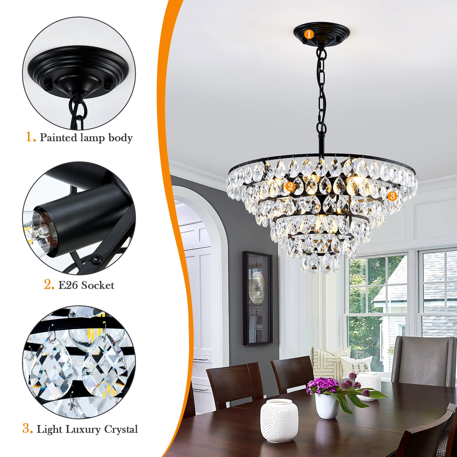Yyjlx Modern Crystal Chandelier 7 Light 20'' Raindrop Black Ceiling Chandelier Adjustable Hanging Light Fixture For Dining Room
