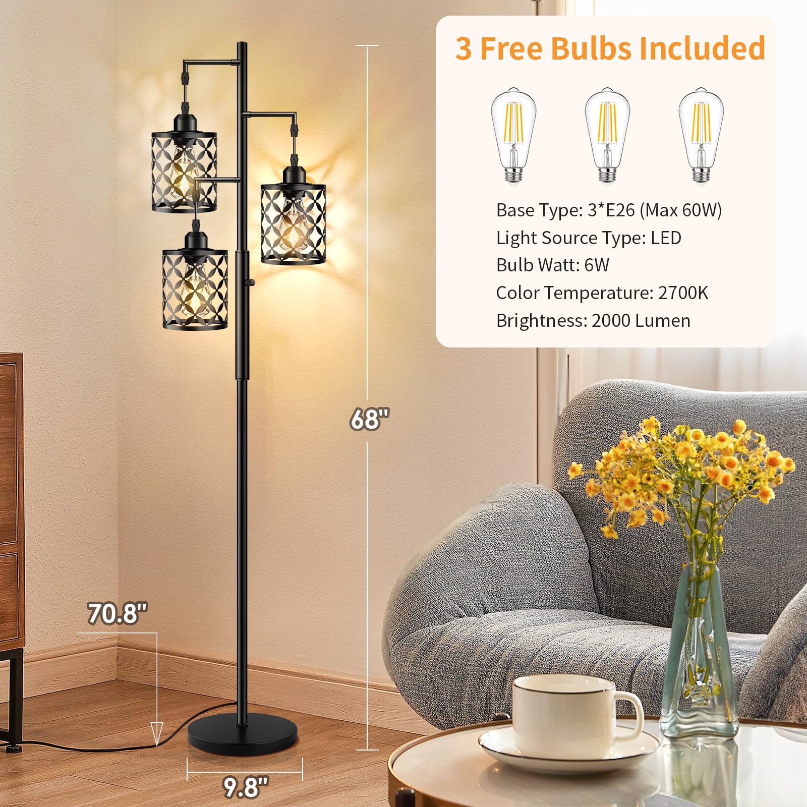 GHOOCEMLUX 68" Dimmable Floor Lamp, Industrial Metal Cage Design, Black - GH-001, LED Bulbs Included