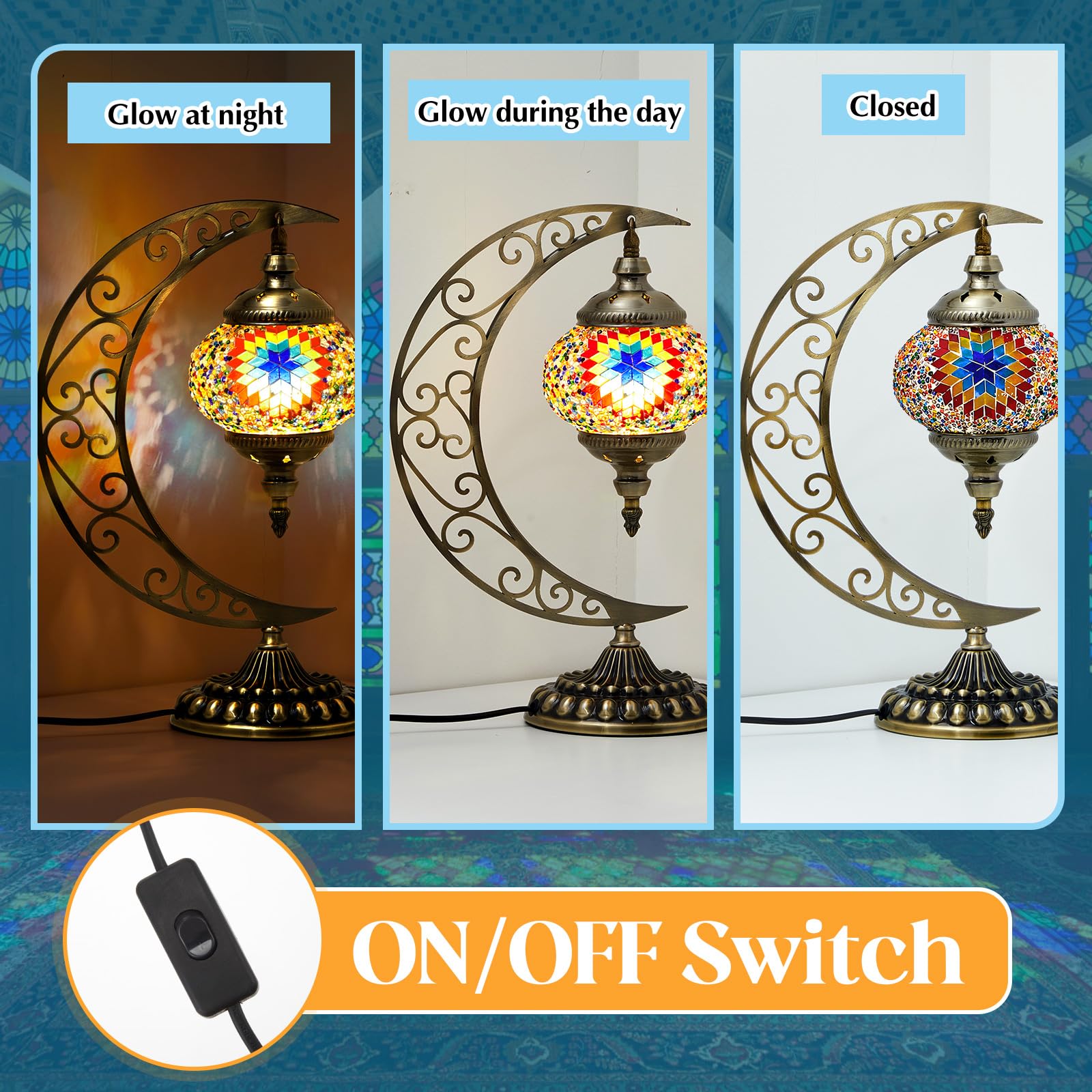 Hortsun Turkish Lamp Moon Shaped Moroccan Lamp Turkish Mosaic Stained Glass Table Light With Bronze Base Colorful Moroccan Globe