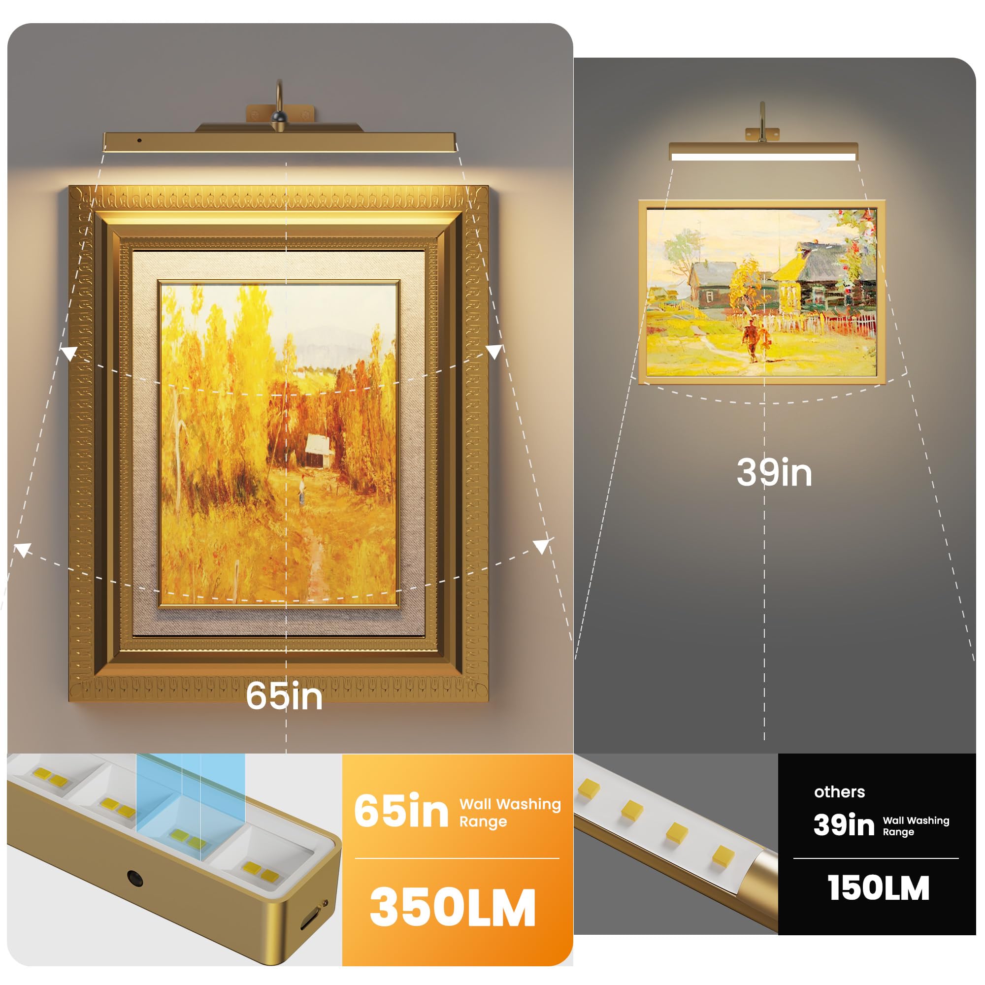 Craftersmark Wireless Picture Light - 16in Battery Operated Wall Sconce, 2 Pack, Brass for Artwork, Portraits, and Gallery Displays