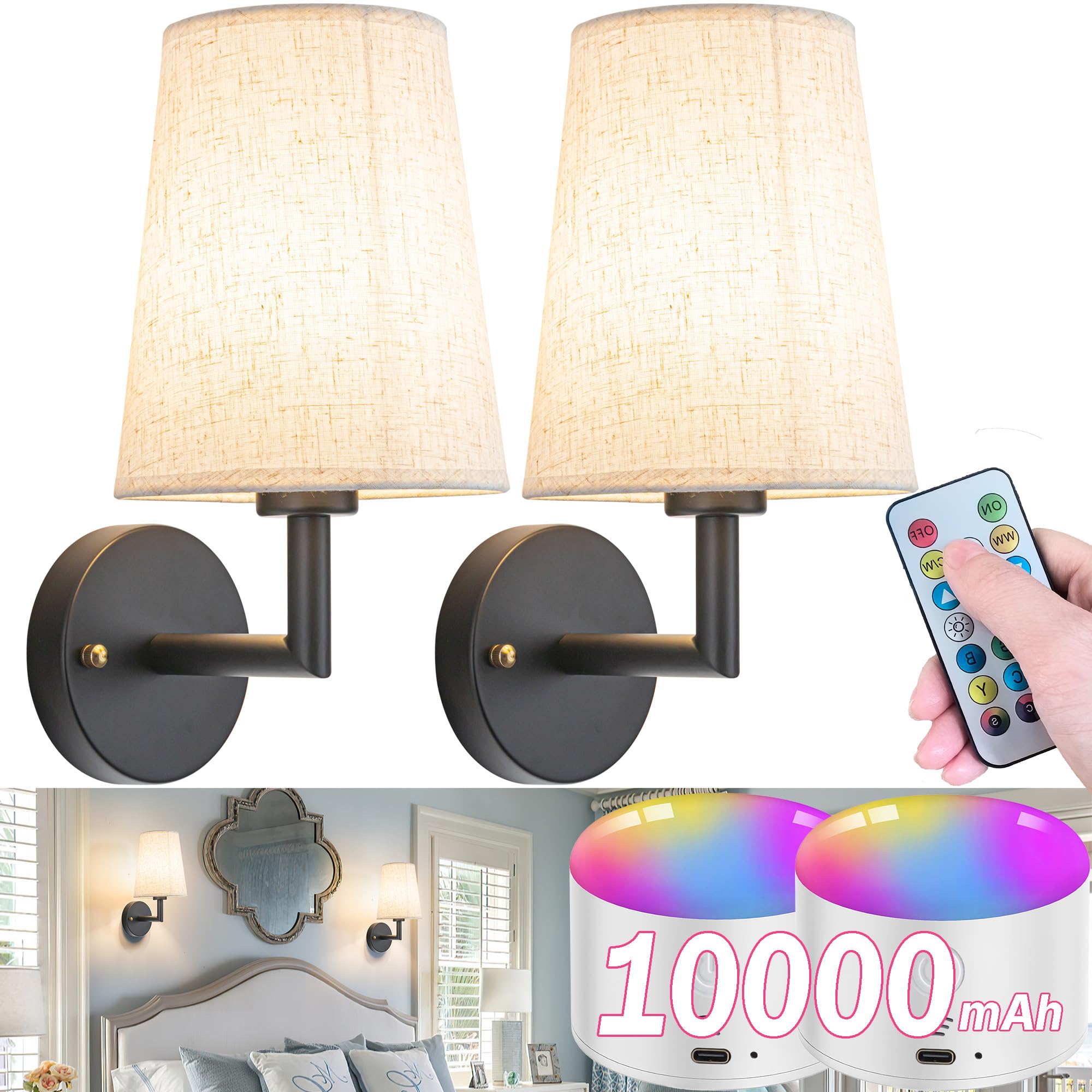 Wall Sconce Battery Operated Wall Light Fixure With Remote Control, Dimmable Battery Operated Wall Sconces Set Of Two, Indoor Wireless Wall Mounted Lamp With Rechargable Bulb For Bedroom Living Room (