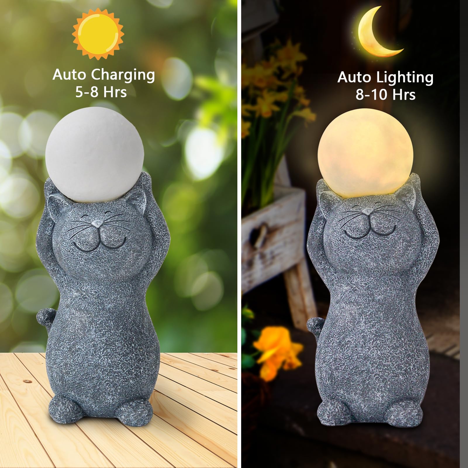 Solar Garden Decor Cat Moon Outdoor Statue And Figurine Lights, Outdoor Patio Sculpture Decor Led Light Gifts For Mom Or Daughte