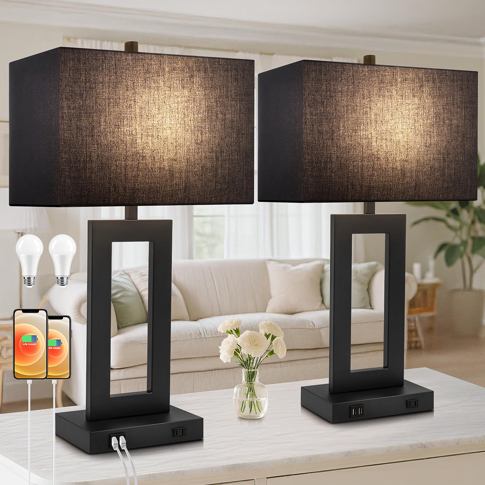 TOBUSA 28 Tall Black Lamps for Living Rooms Set of 2  Modern Touch Control Table Lamps for Bedroom  3 Way Dimmable Bedside Lamps with 2 USB Ports&AC Outlet  Advanced Decor Lamp for Home Office