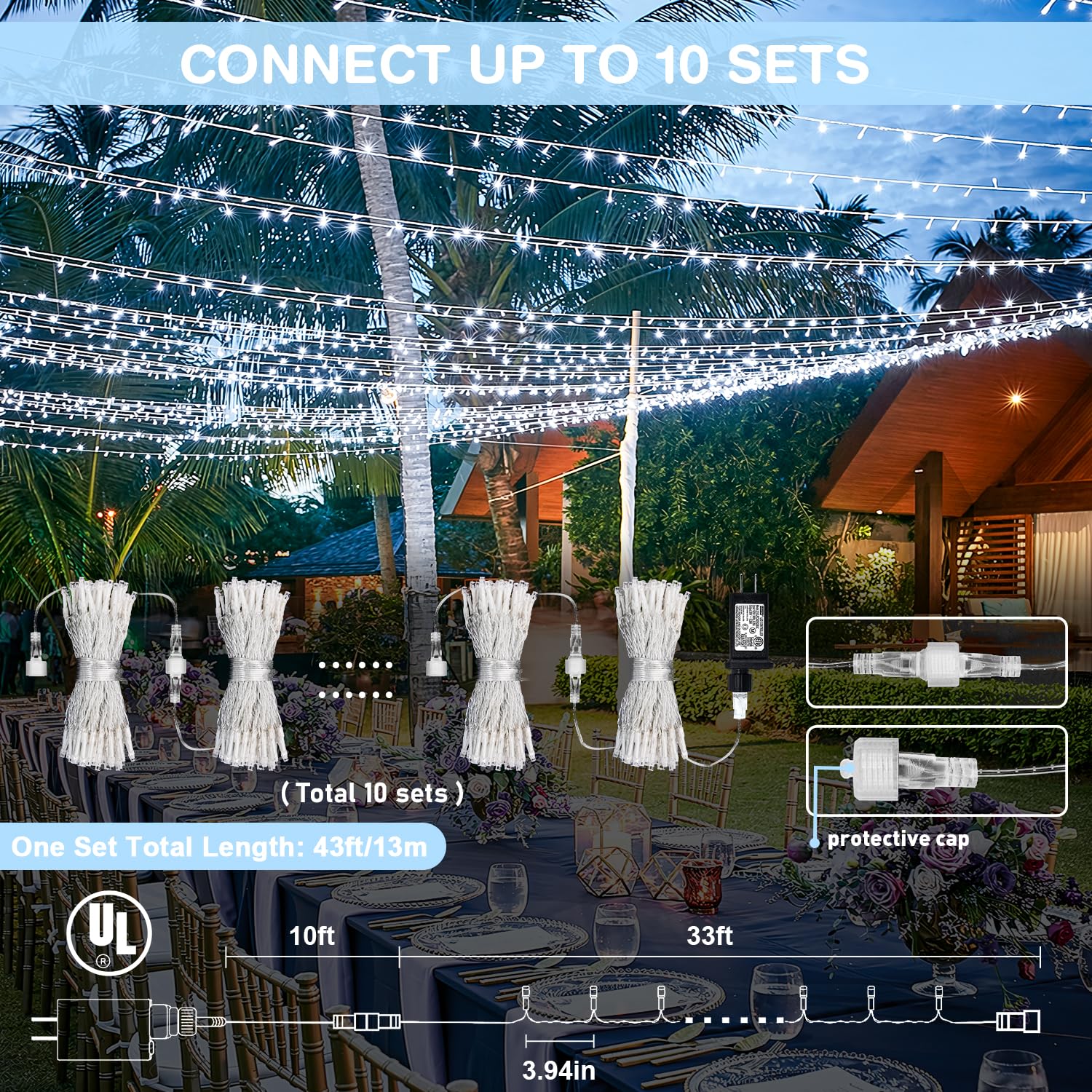POTIVE 33ft 100LED White Christmas String Lights, Waterproof, 8 Modes, Indoor/Outdoor, Model EXS-S-0100