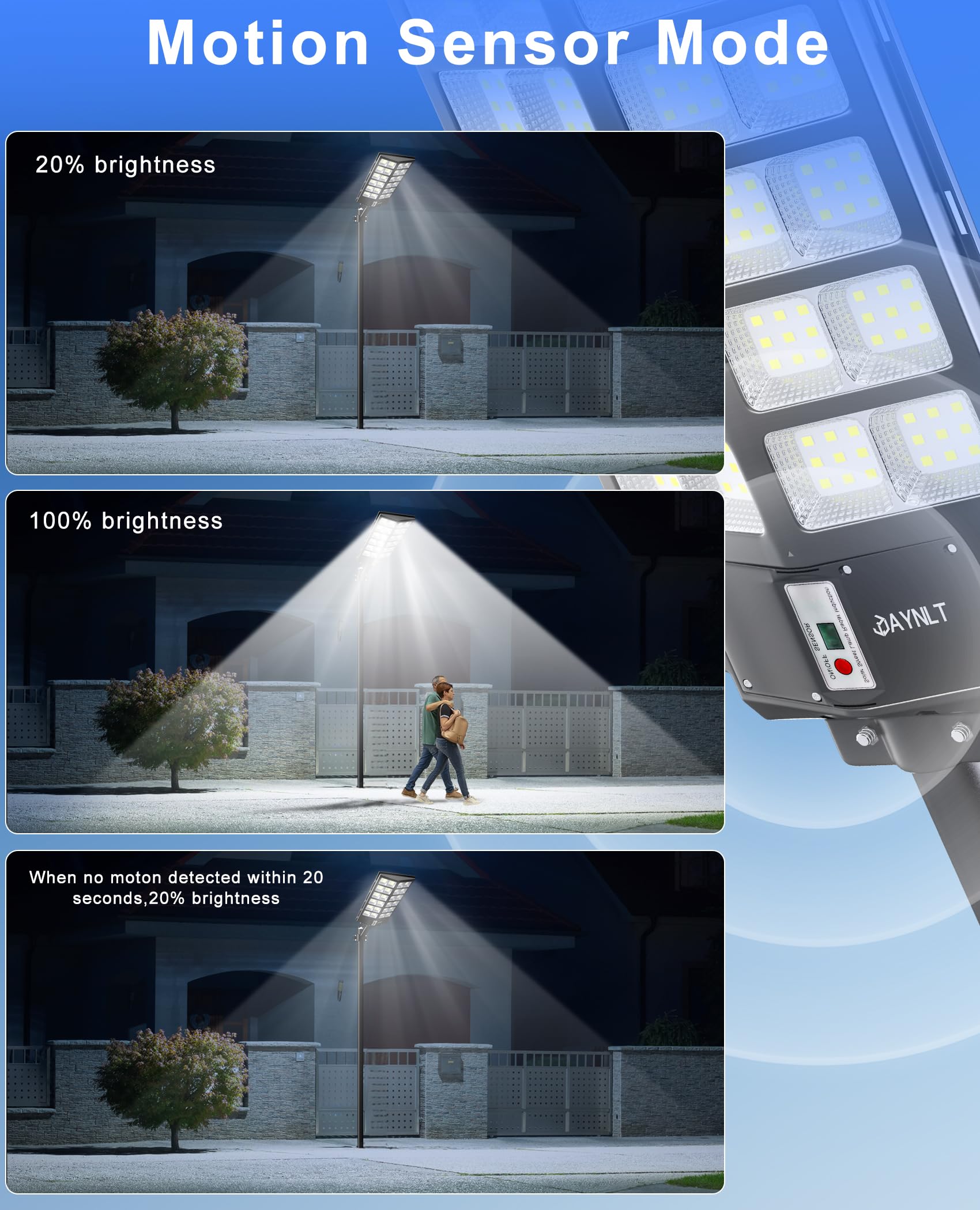 JAYNLT Y-9800W Solar Street Light, 6500K Waterproof Motion Sensor, Black, 1Pack for Outdoor, Garage, Driveway