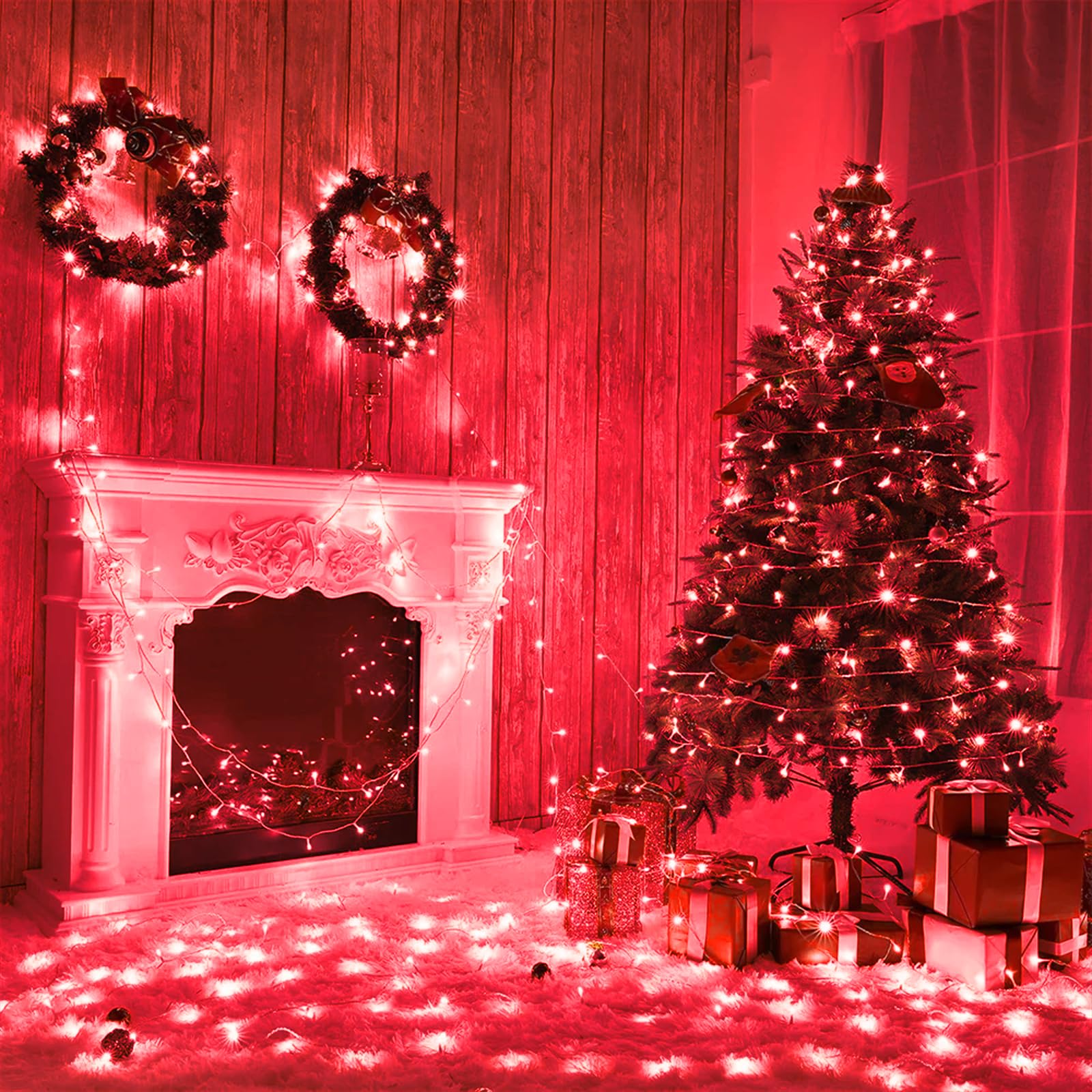 Vivideal 100 Led Red Christmas Lights Outdoor, 33Ft Red String Lights 8 Modes Clear Wire, Connectable Waterproof Plug In Pink Christmas Tree Lights For Bedroom Indoor Outdoor Christmas Decorations