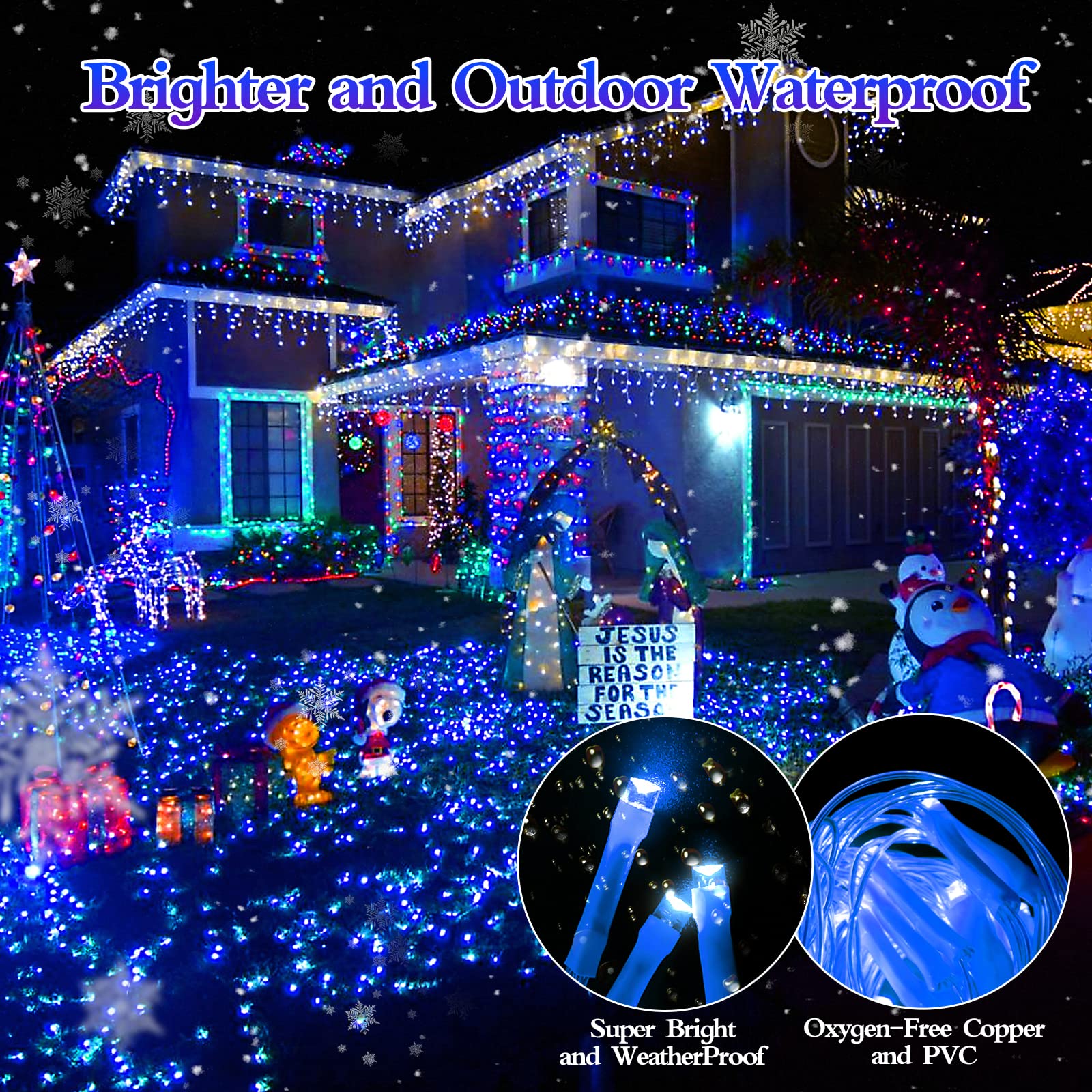 FLVOECN LED Christmas Lights 49FT 480 LEDs Waterproof Dimmable 8 Modes Blue Model BG-CL3M3-306L01
