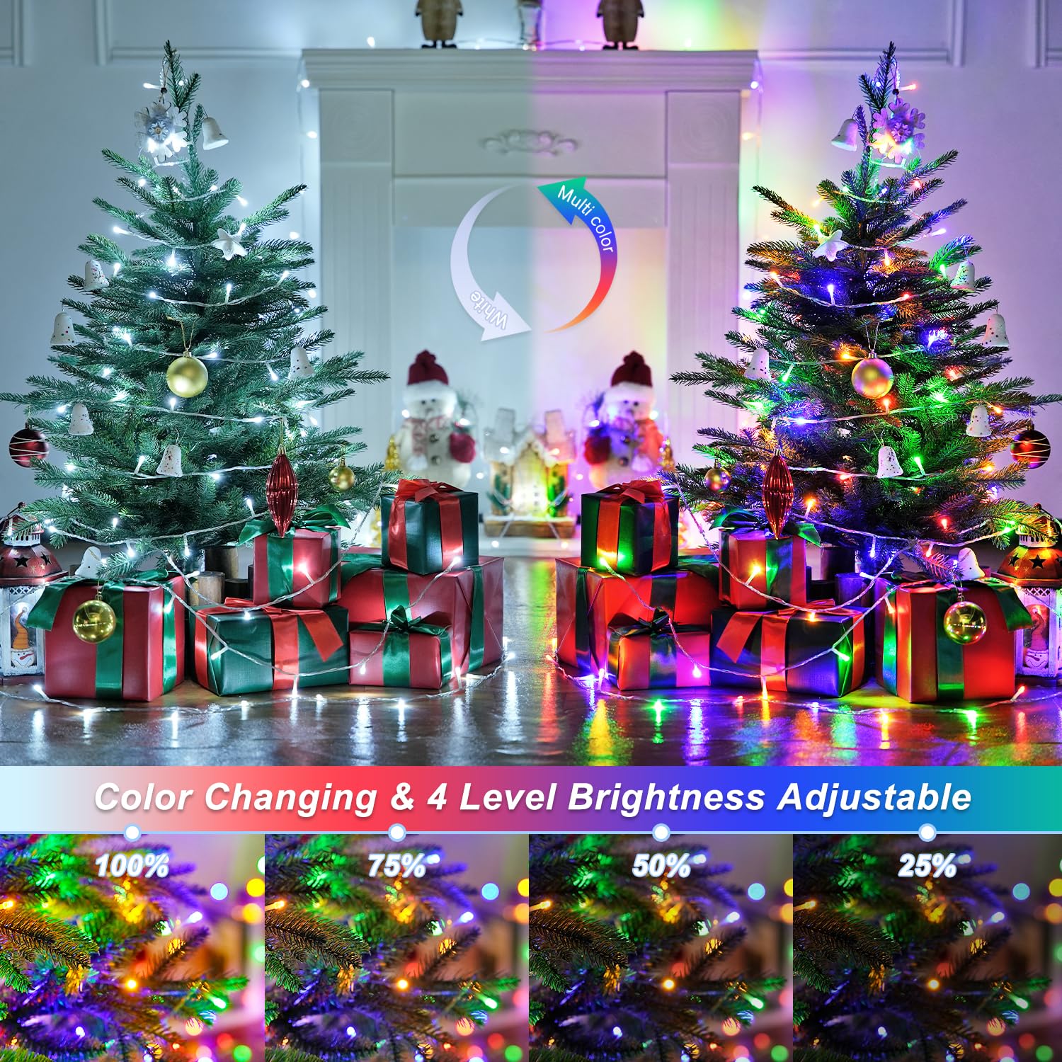 JMEXSUSS 2 Pack 100 LED Color Changing Christmas Lights, 33ft Cool White & Multicolor Christmas Lights Outdoor Waterproof, Clear