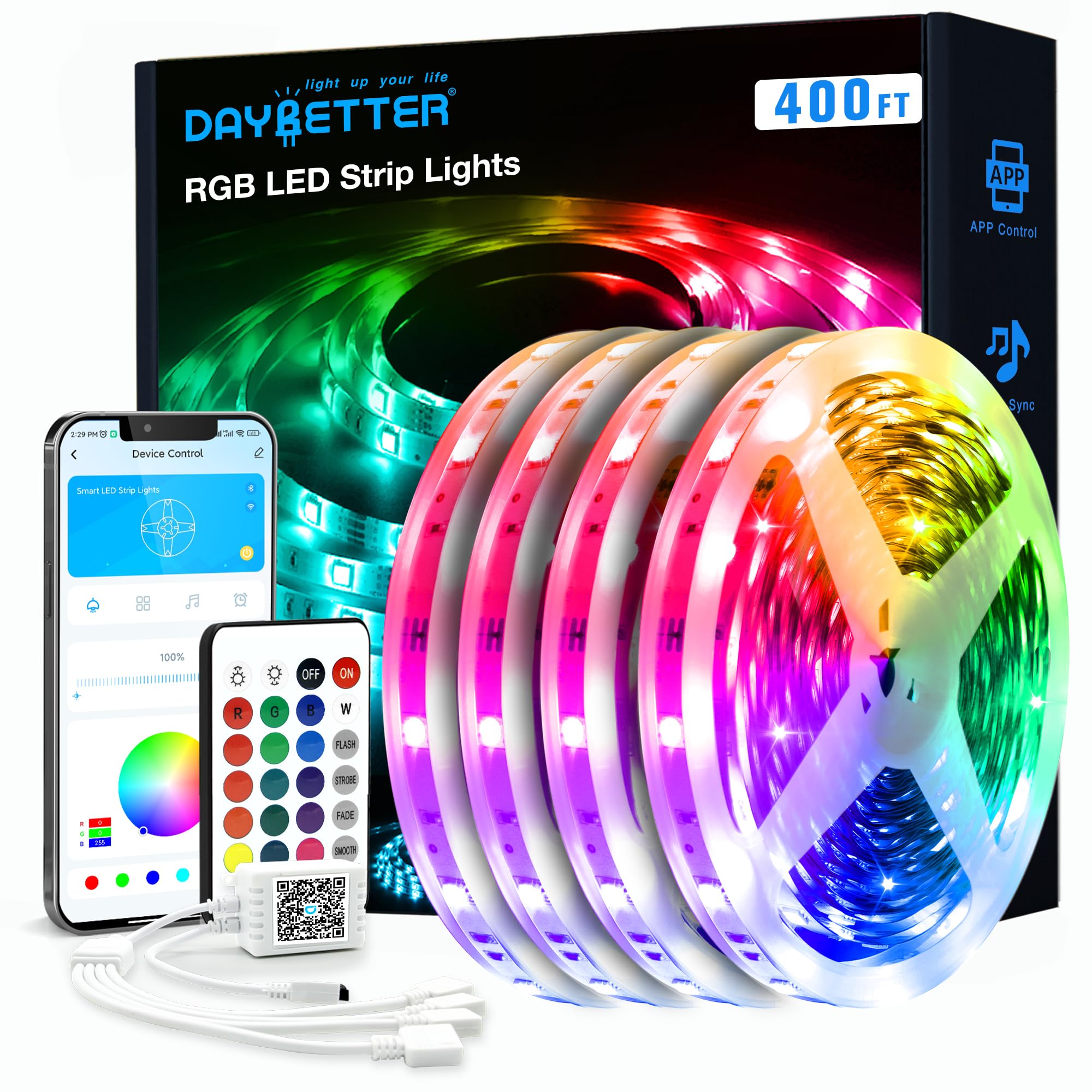 Daybetter Led Strip Lights 400Ft, Rgb Smart Lights With App Control, Multicolor, Music Sync - Perfect For Home Decor, Parties, Festivals
