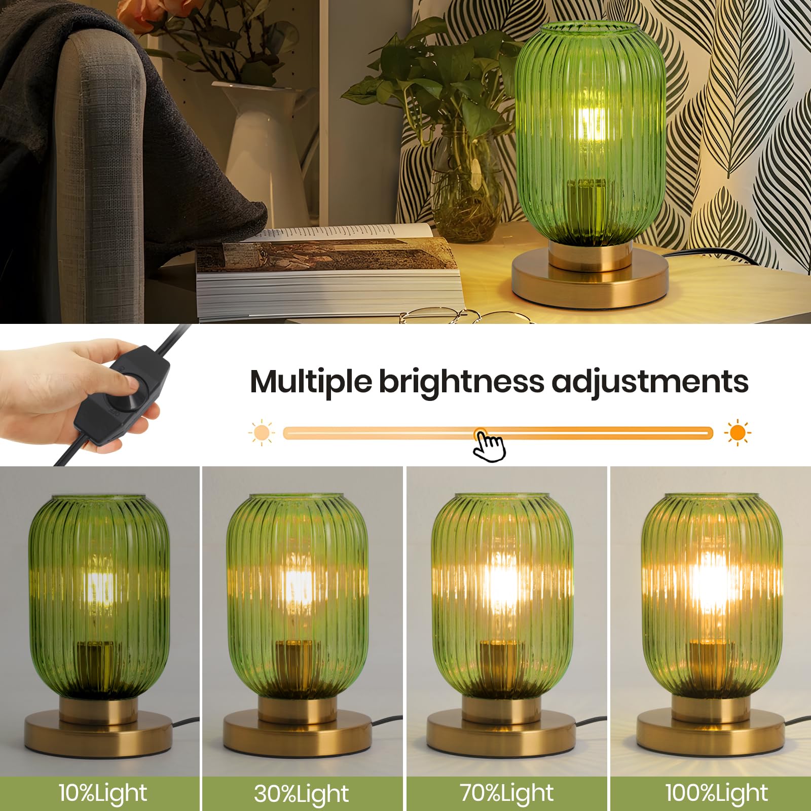 Green Table Lamp Dimmable Ribbed Glass Bedside Table Lamp Modern Globe Table Lamp Small Vintage Nightlight Lamp Mid Century Nigh