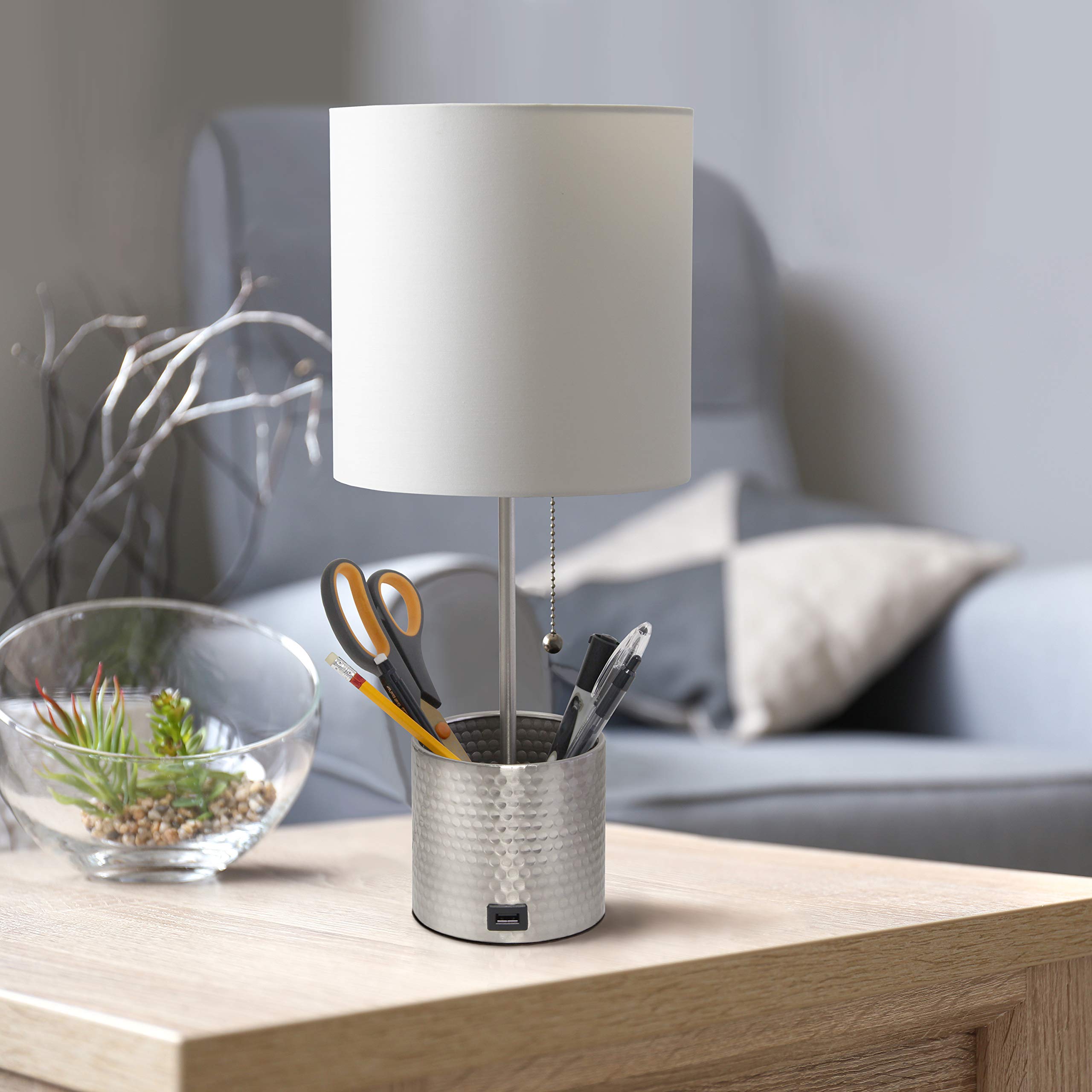 Simple Designs Lt1085-Bsn Hammered Metal Organizer Table Lamp With Usb Charging Port And Fabric Shade, Brushed Nickel