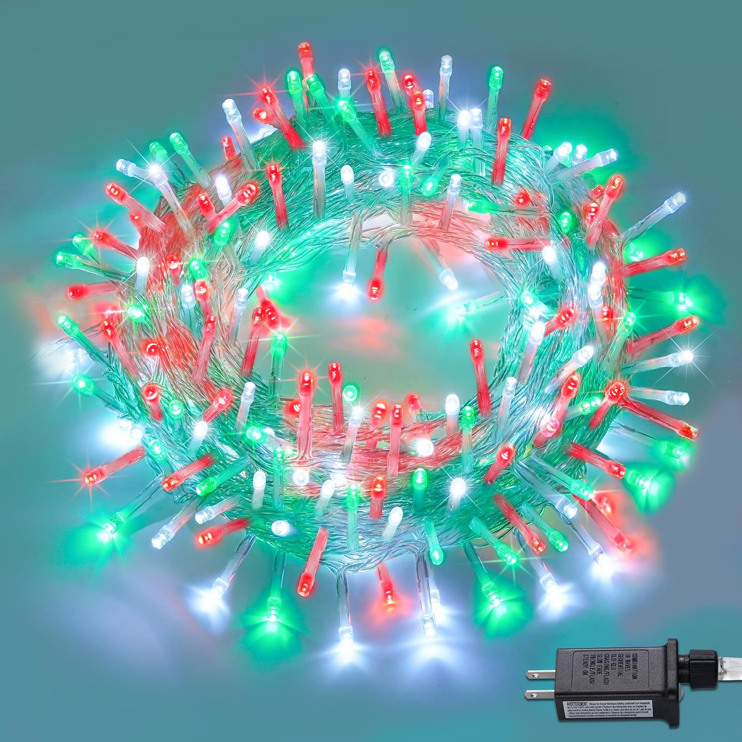 LED Christmas Lights Outdoor Waterproof - 200 Red White and Green String Lights Indoor Clear Wire - 8 Modes 66ft Extendable Fair